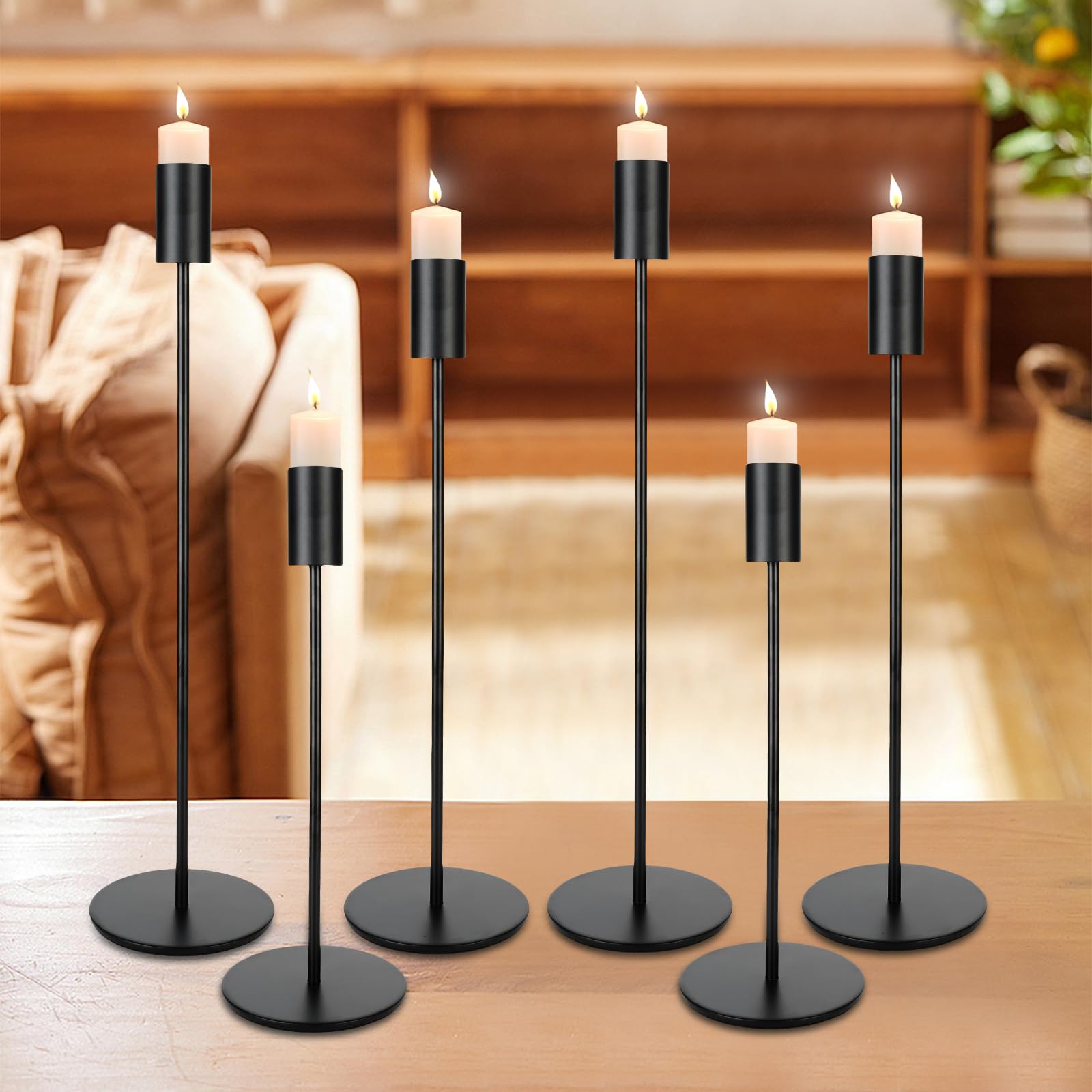 Set Portacandele da 6 pezzi, 6 Candelabro nero, 3 Porta Candele da Tavolo Cilindrico di diverse altezze. Candelabri è adatto per Porta Candela matrimoni, feste di compleanno e Candele Decorative
