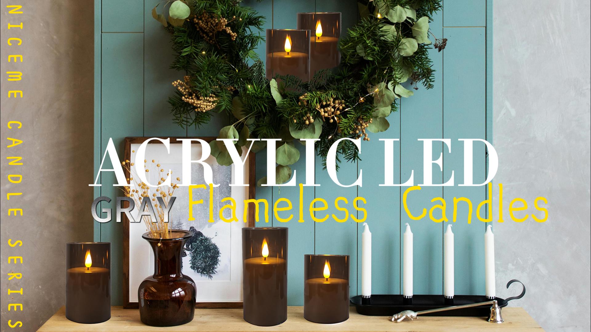 Image of NICEME Flickering Flameless Candles with Remote Timer Unbreakable Acrylic Battery Operated LED Candles with Flickering Flame 3D Wick for Romantic Ambience Home Decor Set of 3, D3 inch xH4 inch 5 inch 6 inch Gray