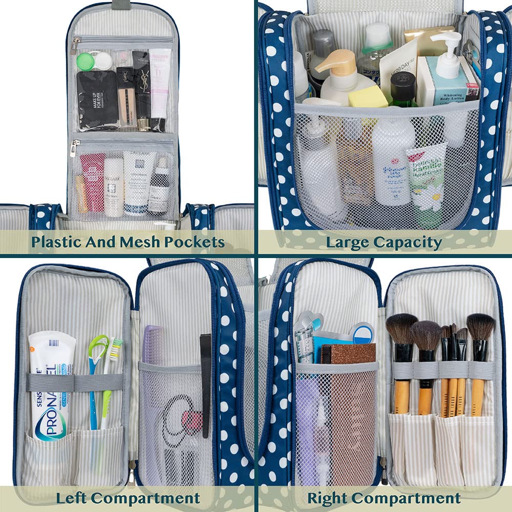 PAVILIA Large Hanging Toiletry Bag for Women Men, Travel Toiletry Bag Organizer for Toiletries, Cosmetics, Makeup Bag with Mesh, Water Resistant Pockets (Navy Polka Dot)