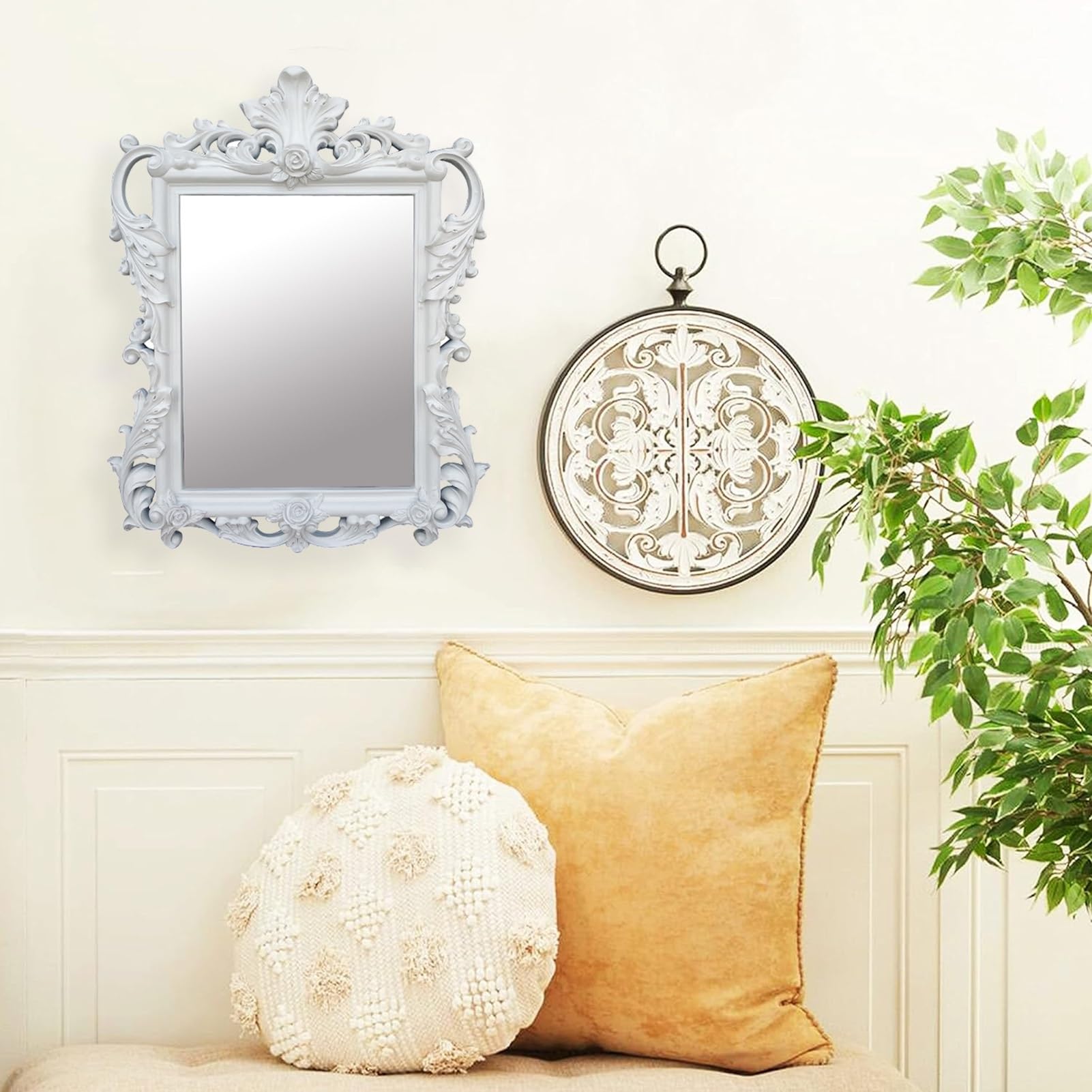 White Baroque French Wall Mirror, Decorative Vintage Carved