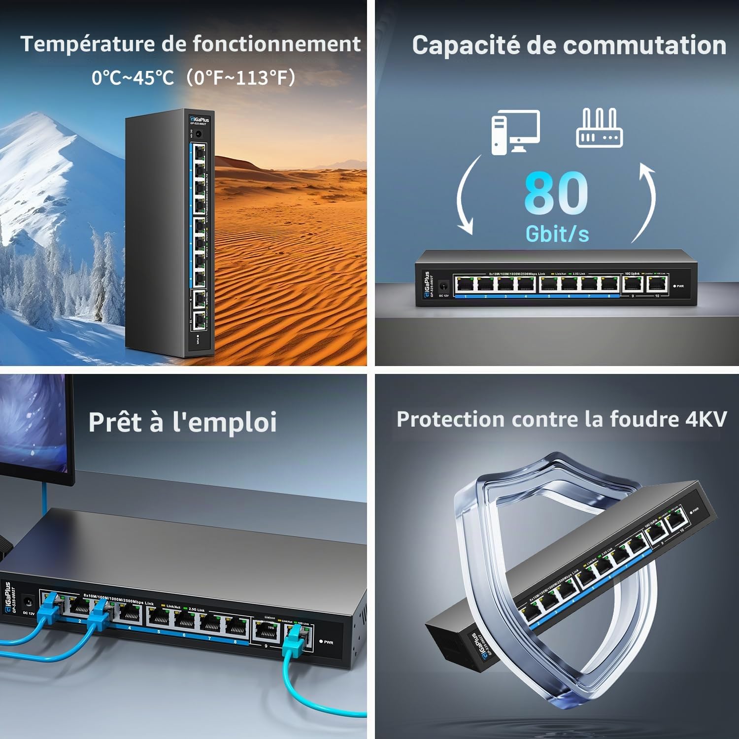 Switch Ethernet Non administrable 10 Ports 10Gb avec 8 Ports 2.5G Base-T et 2 Ports RJ45 10G. Capacité de Commutation de 80Gbit/s. Switch réseau GiGaPlus 10Gbit/s pour NAS/PC 2.5G/10Gbit/s