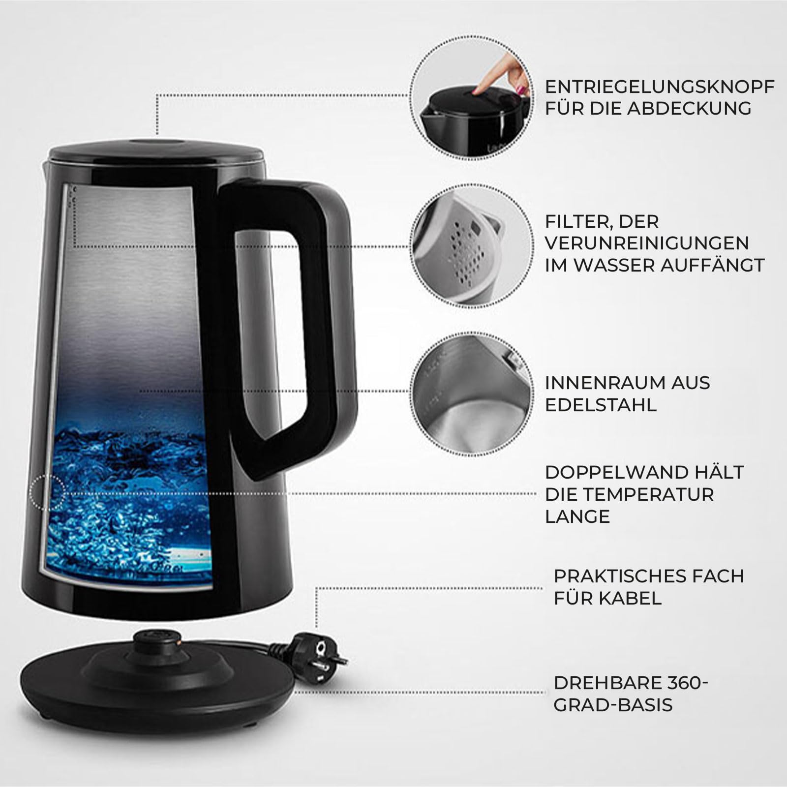 Hervidor Agua Electrico Air Essence LuminaTi PRO, kettle, calentador de agua electrico, Potencia 1800W, tetera electrica, Capacidad 2L, electric kettle, hervidor de agua
