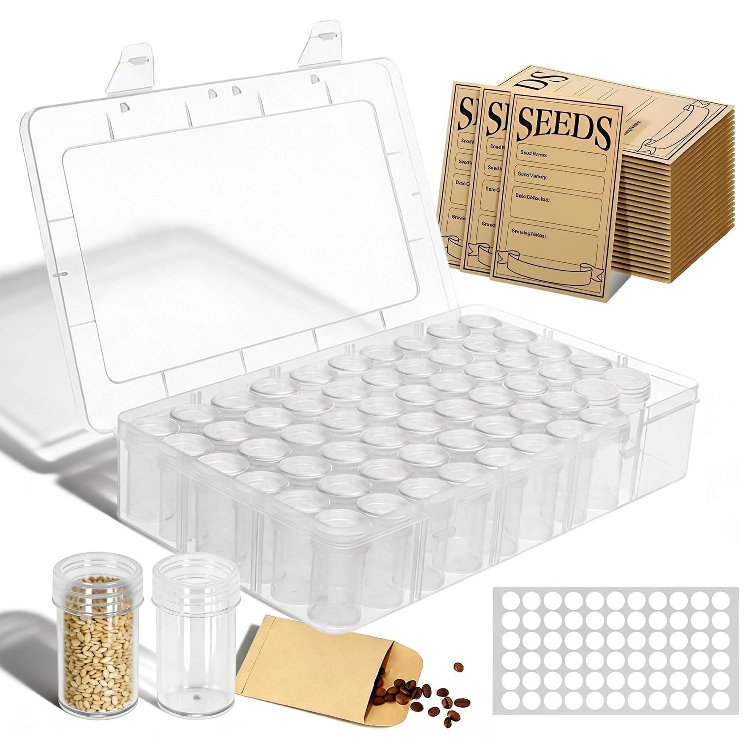 60 Rangement Graines Potager Rond Seed Box Boîtes pour Grosses Grainezs Boite Robuste et Durable Comprend 50 Sachet Craft Adapté Au Stockage de Grains de Café Haricots Mungo et Céréales