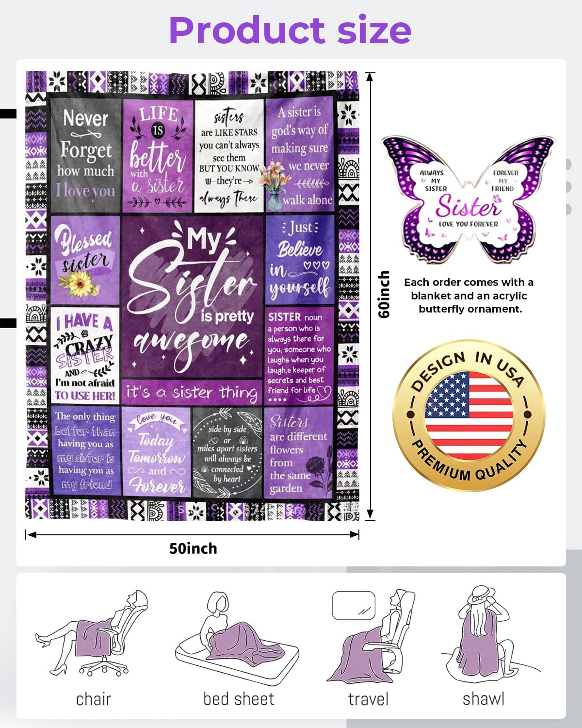 Sister Blankets from Sister, Birthday Gifts for Sisters, Cozy 60x50 Inch Soft Purple Throw for Sis (Present a Butterfly Figurine), Unique for Sis - Image 3