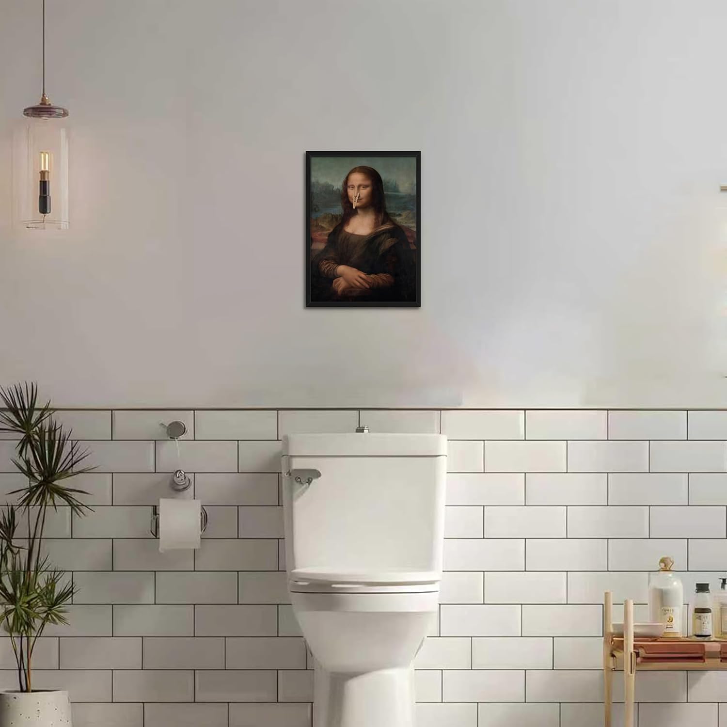 Framed Funny Mona Lisa Bathroom Wall Art, Humor Pinching Nose Canvas Wall Decor Painting, Vintage Whimsical Mona Lisa Artwork Prints Pictures for Restroom Toilet Bathroom 12x16 Inch Black Frame