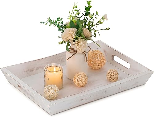 Hanobe Bandeja decorativa de madera para servir bandejas otomanas de madera rústica para mesa de café, bandeja rectangular con asas para sala de