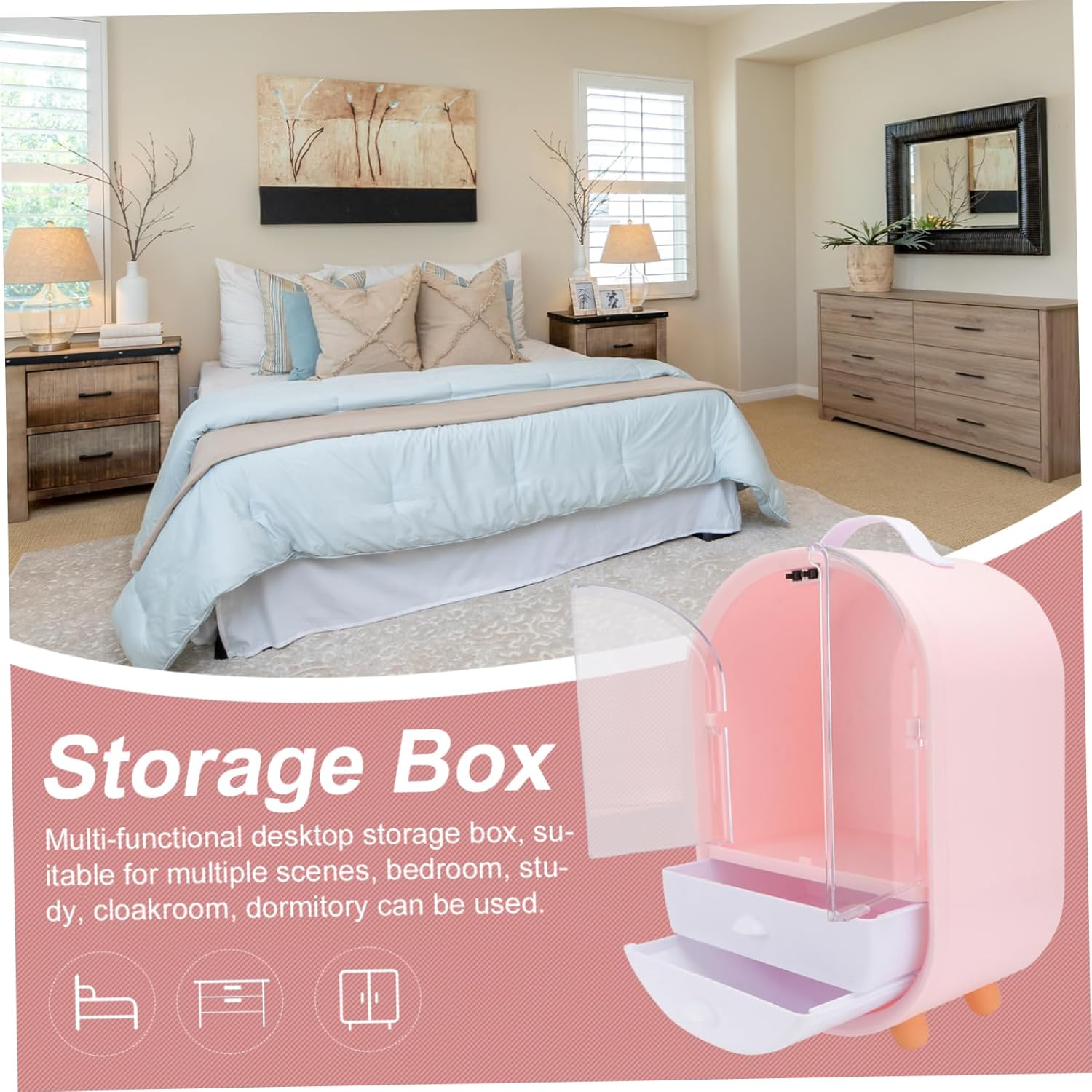 Multifunctional Double Door Cosmetics Storage Box with Drawer Dustproof Desktop Organizer for Makeup Stationery and Sundries Pink Cosmetic Display Case for Home Office Dormitory