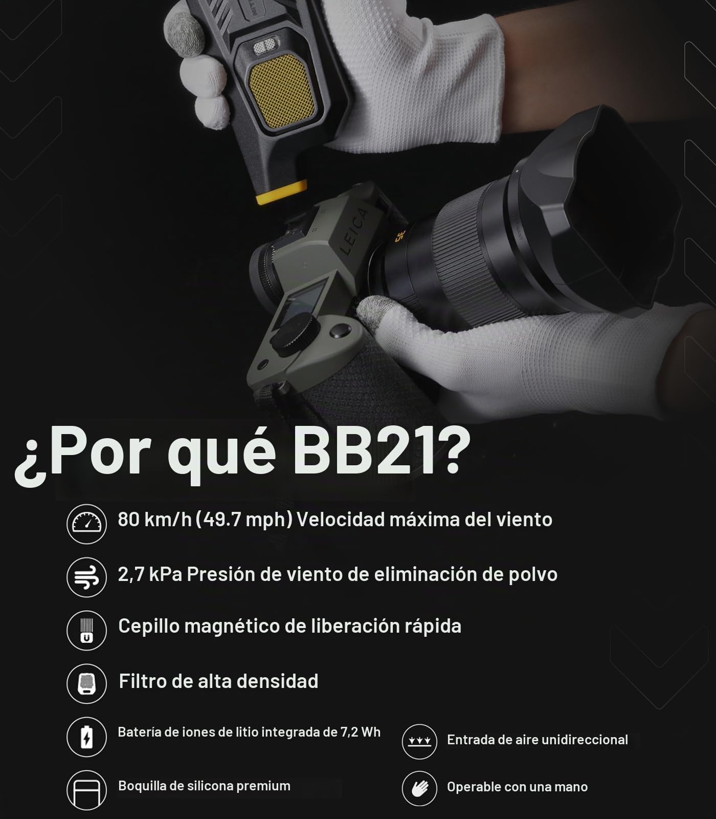 Nitecore Blowerbaby BB21 - Soplador de aire electrónico de limpieza de 2,7 kPa con cepillo de liberación rápida para limpiar lentes de cámara y más