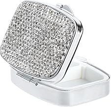 Pill Organizer 2 Compartment Cute Daily Medicine Container Portable Travel Pill Box Bling Crystal Diamond Small Pill Holder Case Pill Dispenser for Vitamins Cod Liver Oil Supplement(Silver)