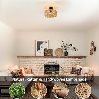 Rattan Ceiling Light, Boho Lamp with Natural Rattan Lampshade, E27 Vintage Chandelier Wicker Light Shade Fitting, Rustic Bamboo Lamp Fixtures for Living Room Bedroom Dining Kitchen Hallway [Energy Class E]