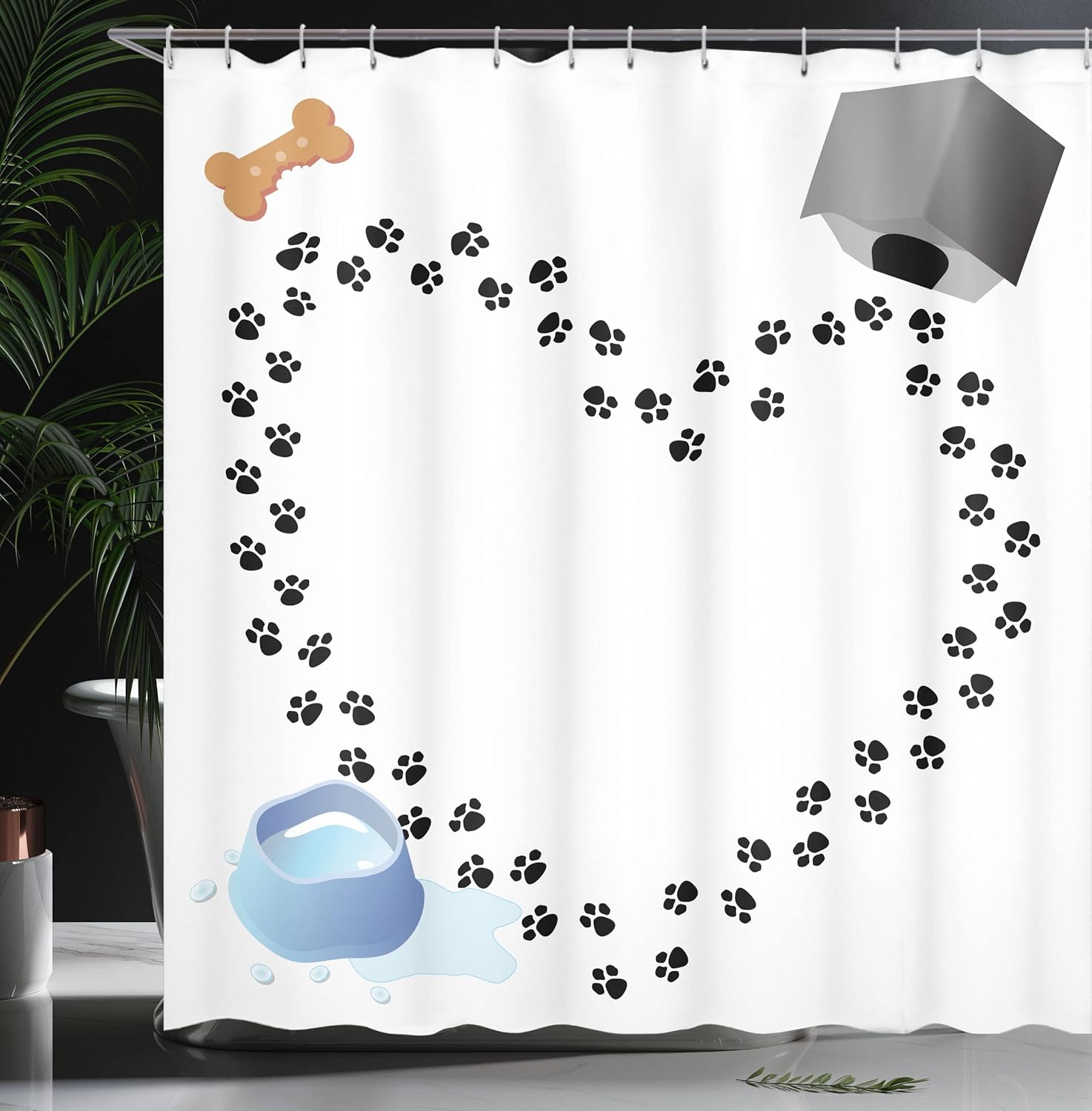 Ambesonne Dog Lover Shower Curtain, Puppy Love Heart Shaped Trail of Paw Prints Bone Kennel Water Drops, Cloth Fabric Bathroom Decor Set with Hooks, 69" W x 75" L, Blue Black