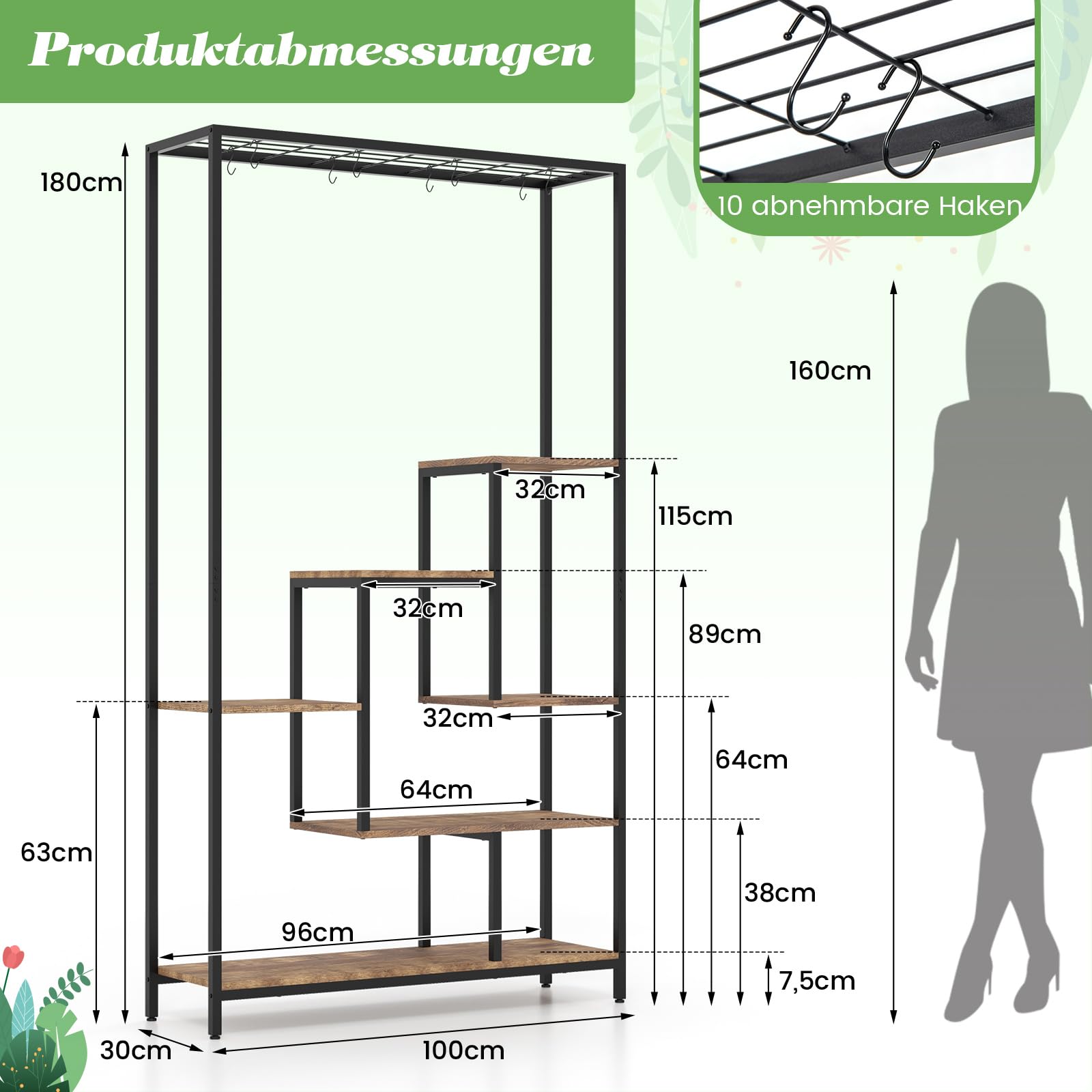 GOPLUS 6 Etagen Pflanzenständer, Pflanzenregal mit Hängeregal & 10 S-Haken, Blumenregal Blumenständer Blumentreppe für Wohnzimmer & Balkon, 100 x 30 x 180 cm (Rustikales Braun)