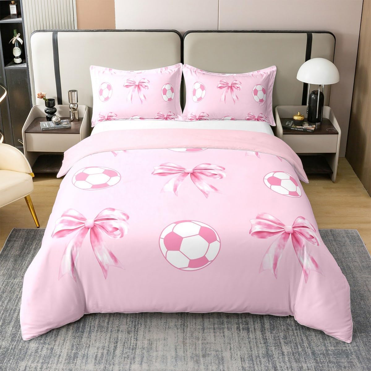 Football Pink Cotton Duvet Cover Sets(NO Comforter),Girly Soccer Bow Comforter Cover for Kids Adults Bedroom Decor,Cute Bowknot Princess Style Bedding Set,Sport Lover Quilt Cover,Full Size