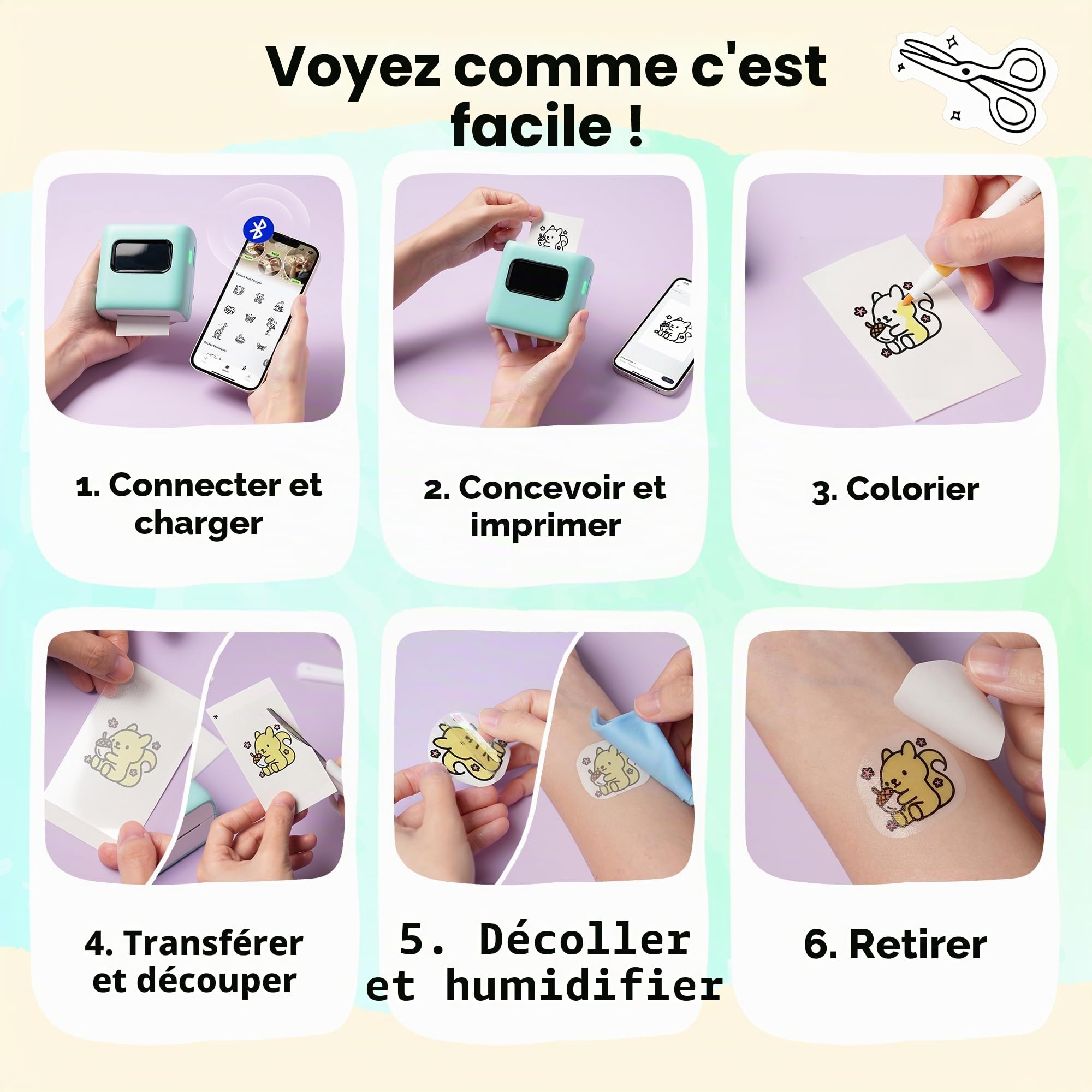 TATTMUSE Imprimante à Tatouage avec Pack de Recharge Papier pour Enfants - Créer des Tatouages Ephemere Personnalisés avec 80 Feuilles pour Tattoo et 8 Marqueurs