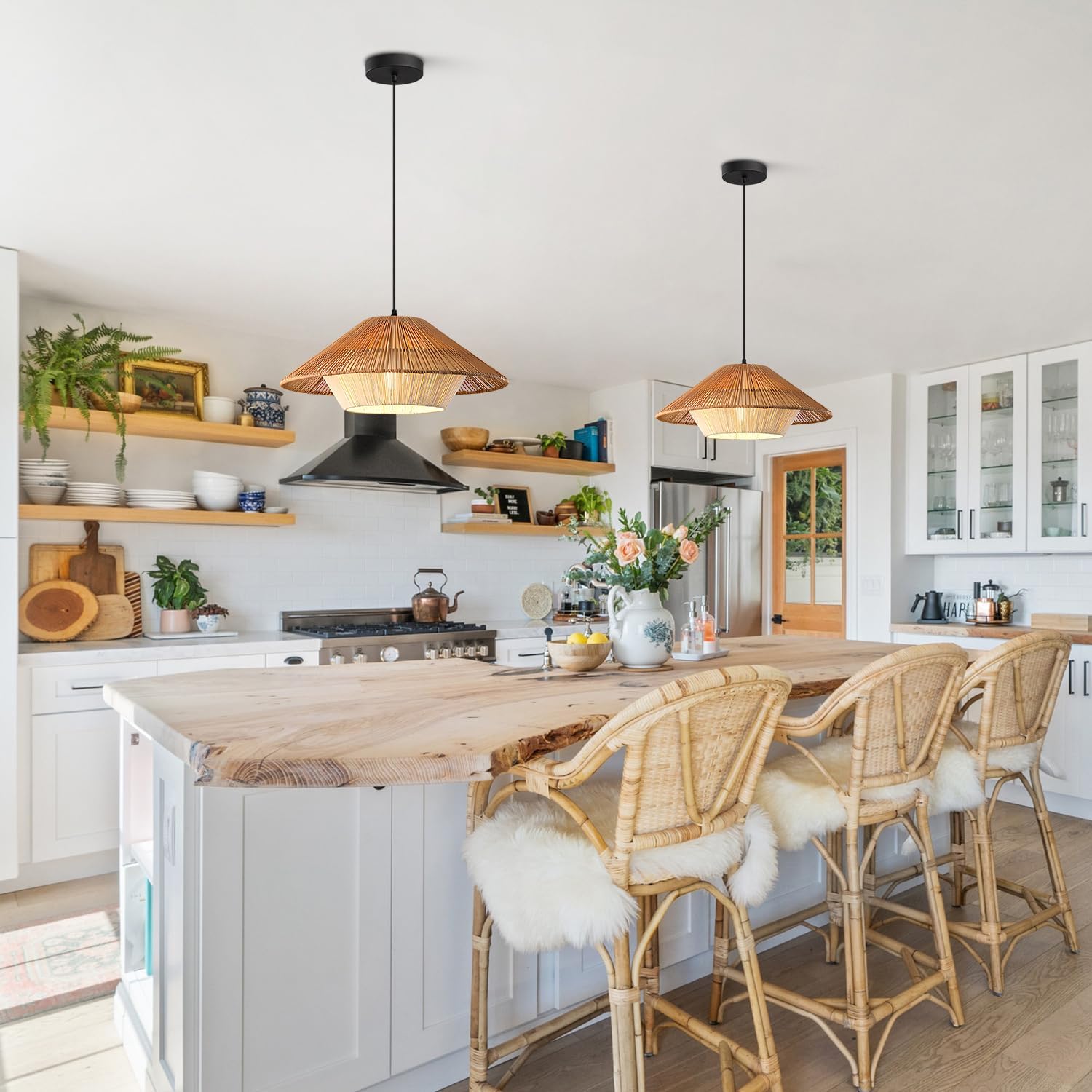 Rattan Pendant Lights Kitchen Island 15.7 Inch Large Modern Boho Woven Chandelier Farmhouse Coastal Basket Pendant Light Fixtures Rustic Adjustable Hanging Ceiling Lamp for Foyer MPL38-40C