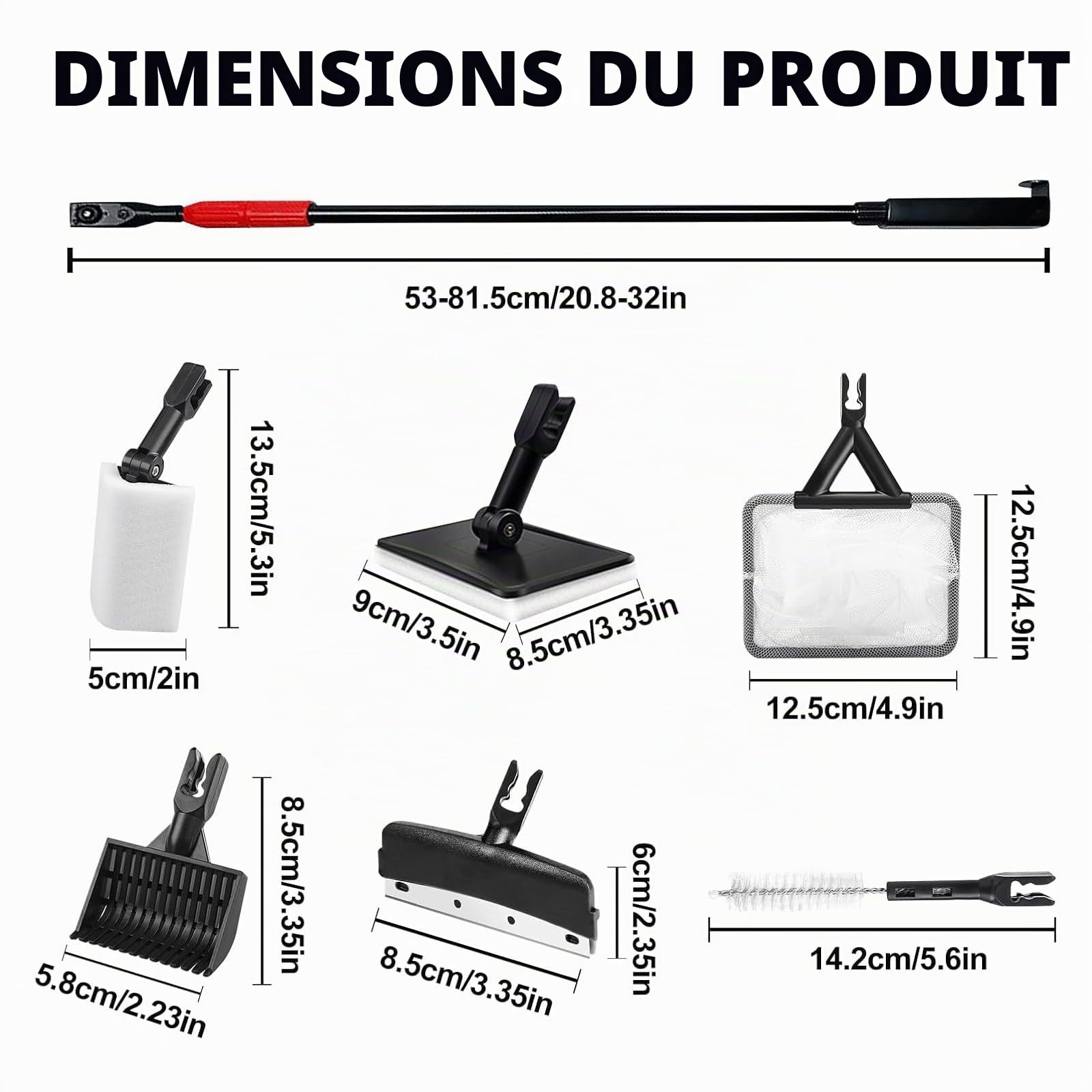 Outils de nettoyage d'aquarium 6 en 1, kit de nettoyage d'aquarium, kit d'outils de nettoyage d'aquarium, 6 en 1, grattoir, filet de pêche, râteau à sable pour l'entretien de l'aquarium