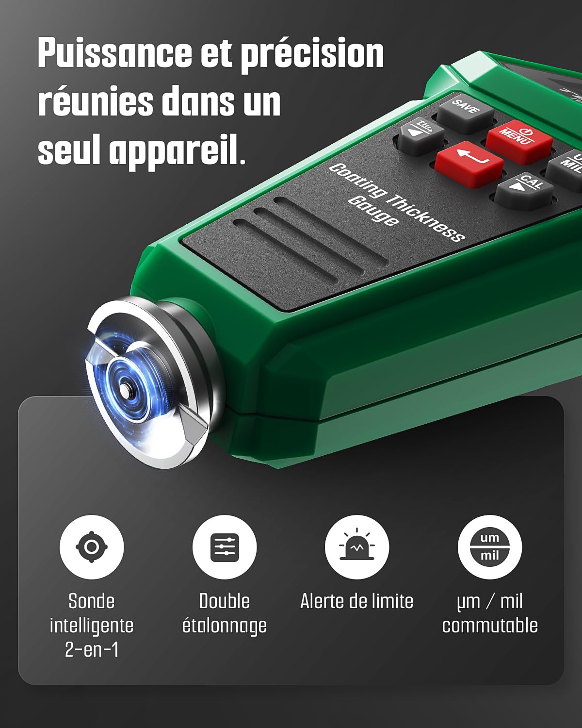 TESMEN TCG-2001 Jauge d’Épaisseur de Peinture pour Voitures, Testeur Numérique avec Graphique en Barres, Écran Couleur Rétroéclairé 4 Sens, Alarme Limite, Sonde Fe/NFe – Vert