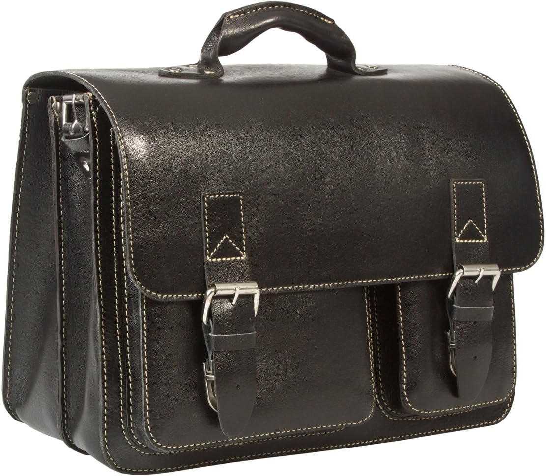 HIDEONLINE Rugged Thick Saddle Black Leather Satchel Briefcase/Laptop Bag