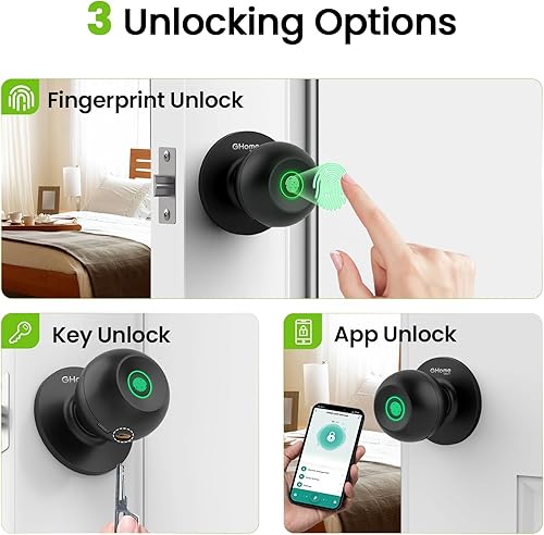 Miniatura 2 de GHome Smart Cerradura de puerta de huellas dactilares, perilla de puerta inteligente 3 en 1 con control de aplicación y llave, bloqueo automático,