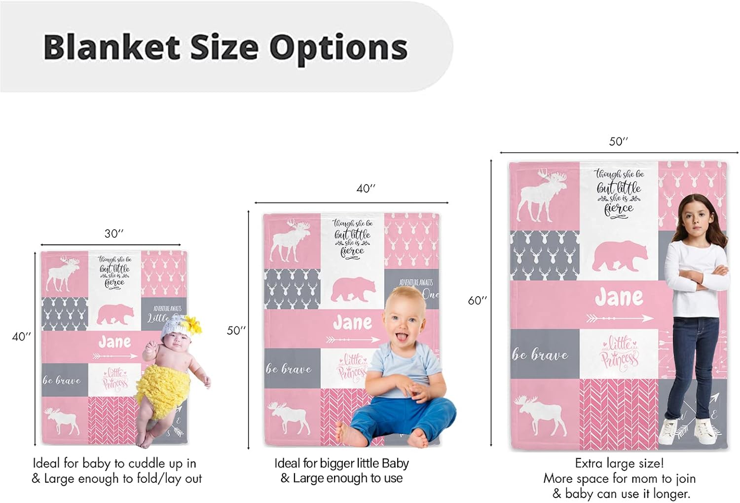 Personalized Woodland Deer Moose Adventure Blanket for Baby Girl Kids, Custom Newborn Girl Gifts with Name, Newborn Baby Girls Blankets Custom, Deer Baby Blanket