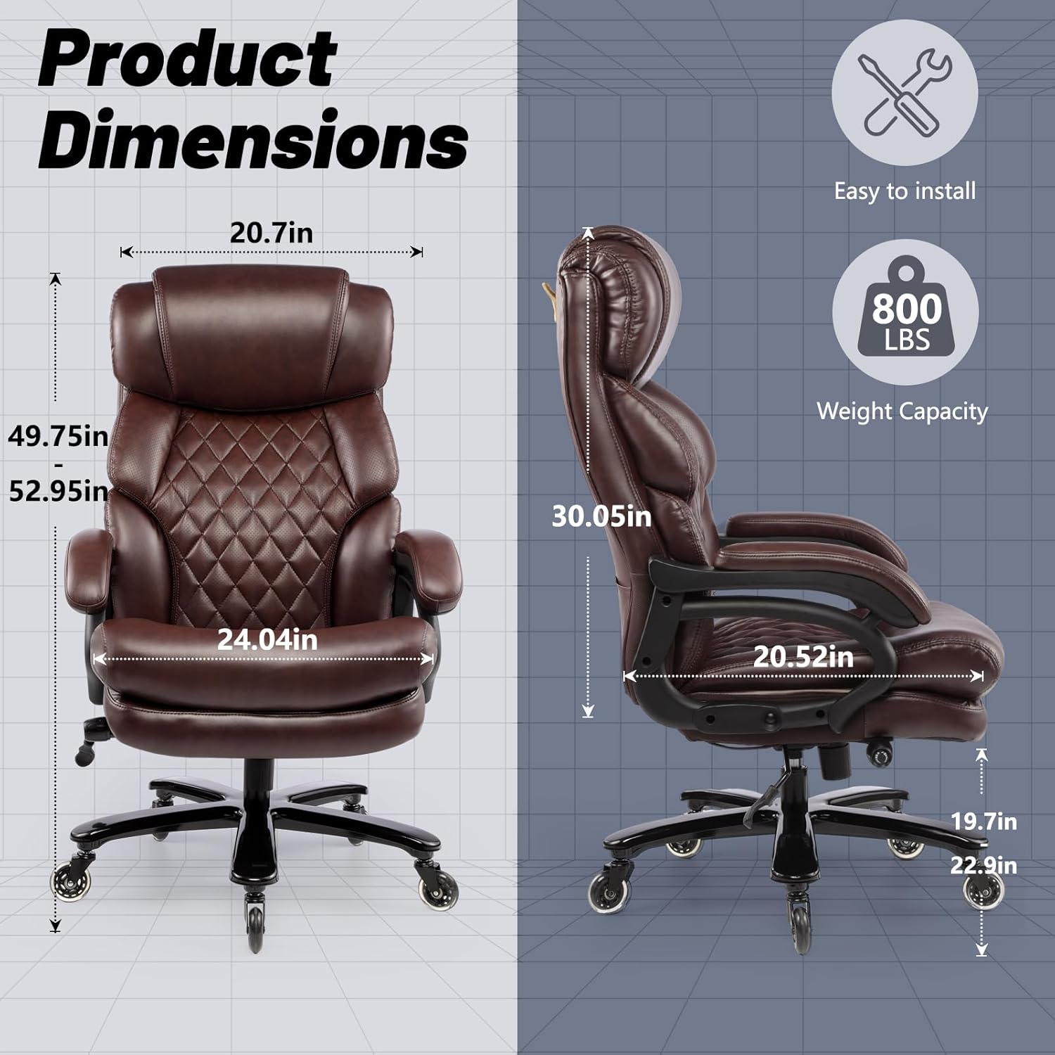 800LBS Big and Tall Office Chair for Heavy People, Heavy Duty Executive Chair with High Back, Extra Wide Seat and Adjustable Lumbar, Large Computer Desk Chair Comfortable for Home Office (Brown)