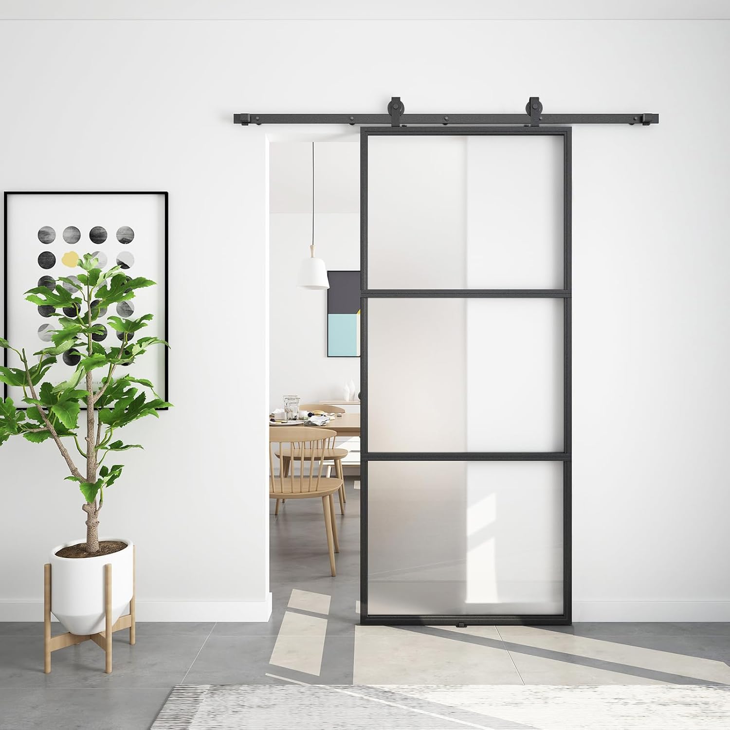 BARNSMITH 38in x 84in Frosted Glass Barn Door with 6.6FT Top Mounted Hardware kit Include Soft Close Mechanism Black Carbon Steel Tempered Frosted Glass Sliding Door, Assemble Required