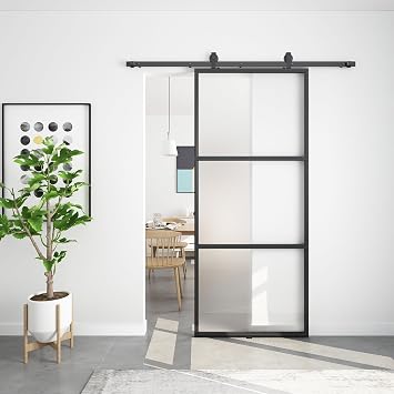 BARNSMITH 34in x 84in Metal Frosted Glass Barn Door with 5.7FT Hardware kit