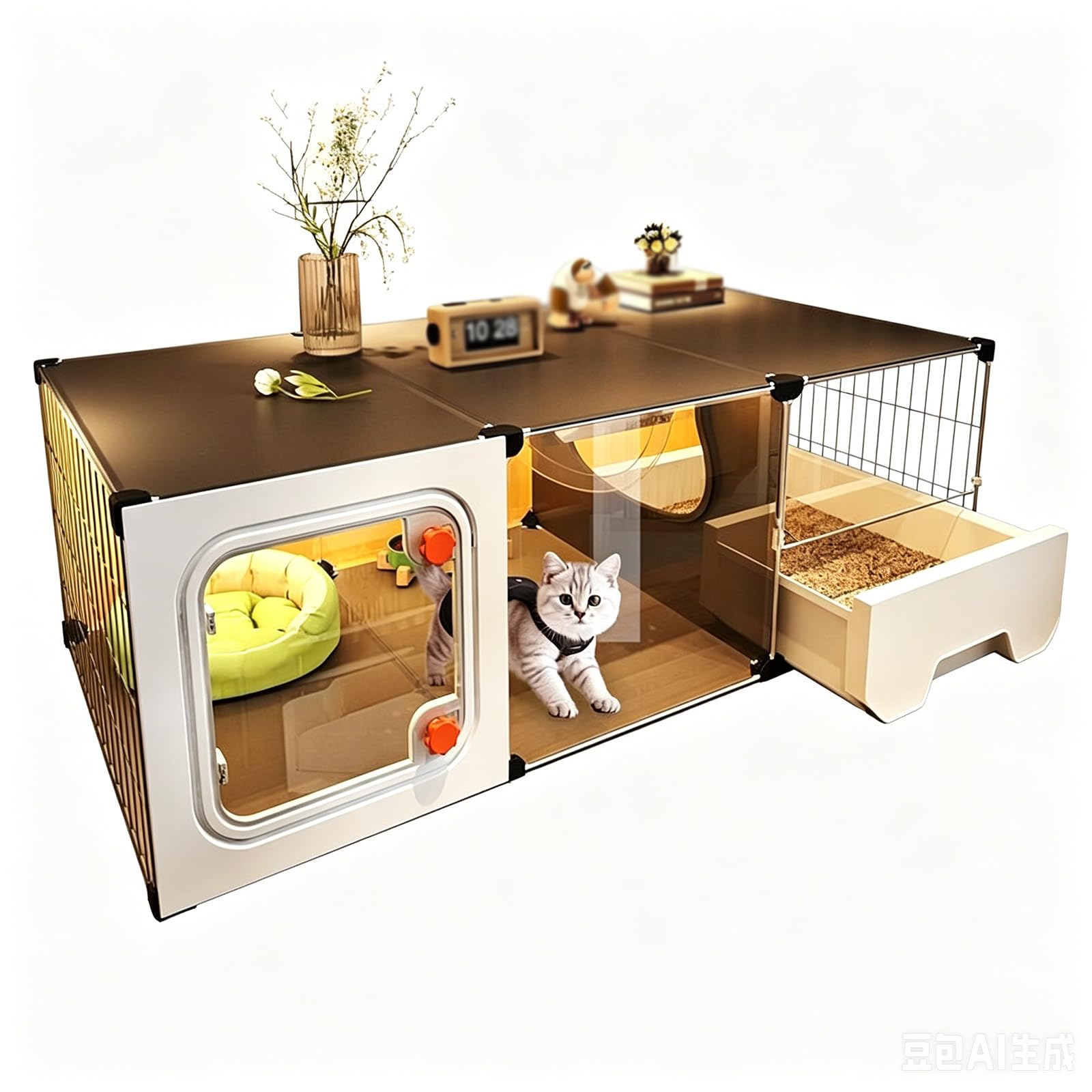 Cat House Indoor Large Cat Cage with Cats Toilet,Outdoor Cat Cages Indoor Cats Bed with Litter Box, Litter Scoop,Cat Bed,Cat Bowl,Easy Installation (E-106x36x46cm)