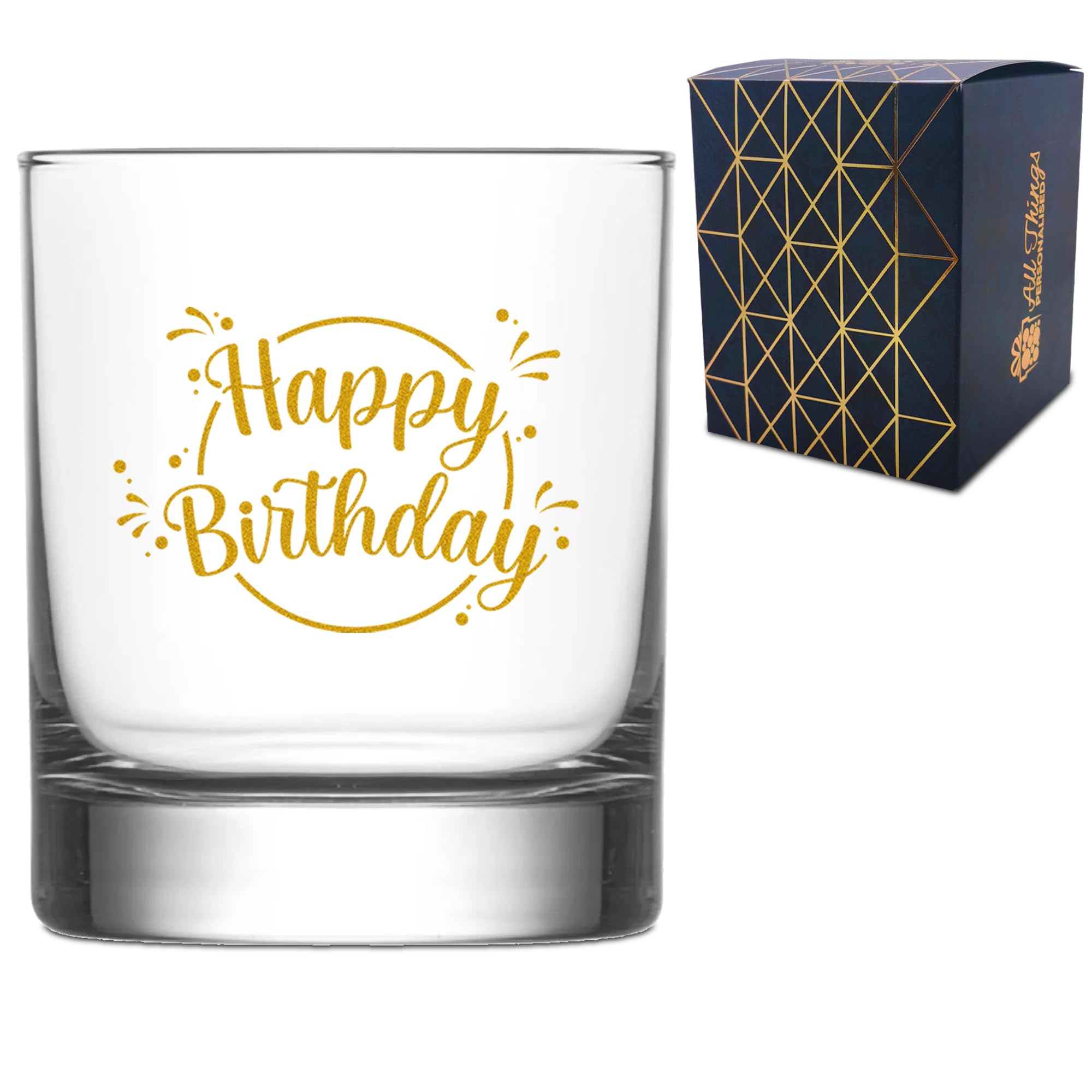 Verre à whisky Happy Birthday doré de 305 ml dans son coffret cadeau élégant
