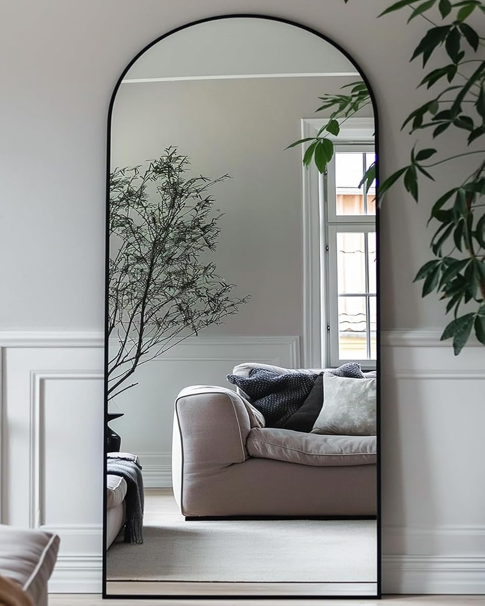 Antok 58" x21” Arched Full Length Floor Mirror, Black Aluminum Frame, Free Standing/Wall Mount/Leaning for Bedroom, Living Room, Dressing Room