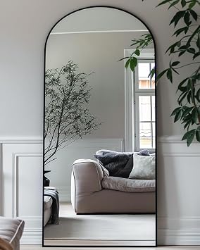 Antok 58" x21 Arched Full Length Floor Mirror, Black Aluminum Frame, Free Standing/Wall Mount/Leaning for Bedroom, Living Room, Dressing Room