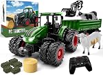 WELIN Tracteurs et jouets de remorques à télécommande - RC Tracteur Playset avec une voiture métallique Head/Lights/8 Roues, Green Farm Truck Véhicules Jeu de jouets, Cadeaux d'anniversaire pour les enfants 3+