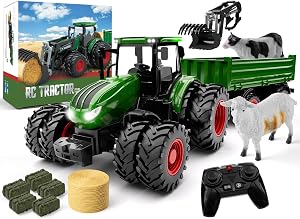 WELIN Remote Control Tractor and Trailer Toys - RC Tractor Playset with Metal Car Head/Lights/8 Wheels, Green Farm Truck Vehicles Toy Set, Birthday Gifts for Kids Boys Ages 3+