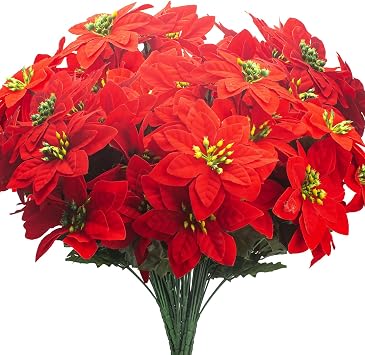 Grunyia 8PCS Artificial Poinsettia Flowers Christmas Decorations Silk Poinsettia Stem Realistic Holiday Home Decor for Table Centerpiece Wedding Party DIY