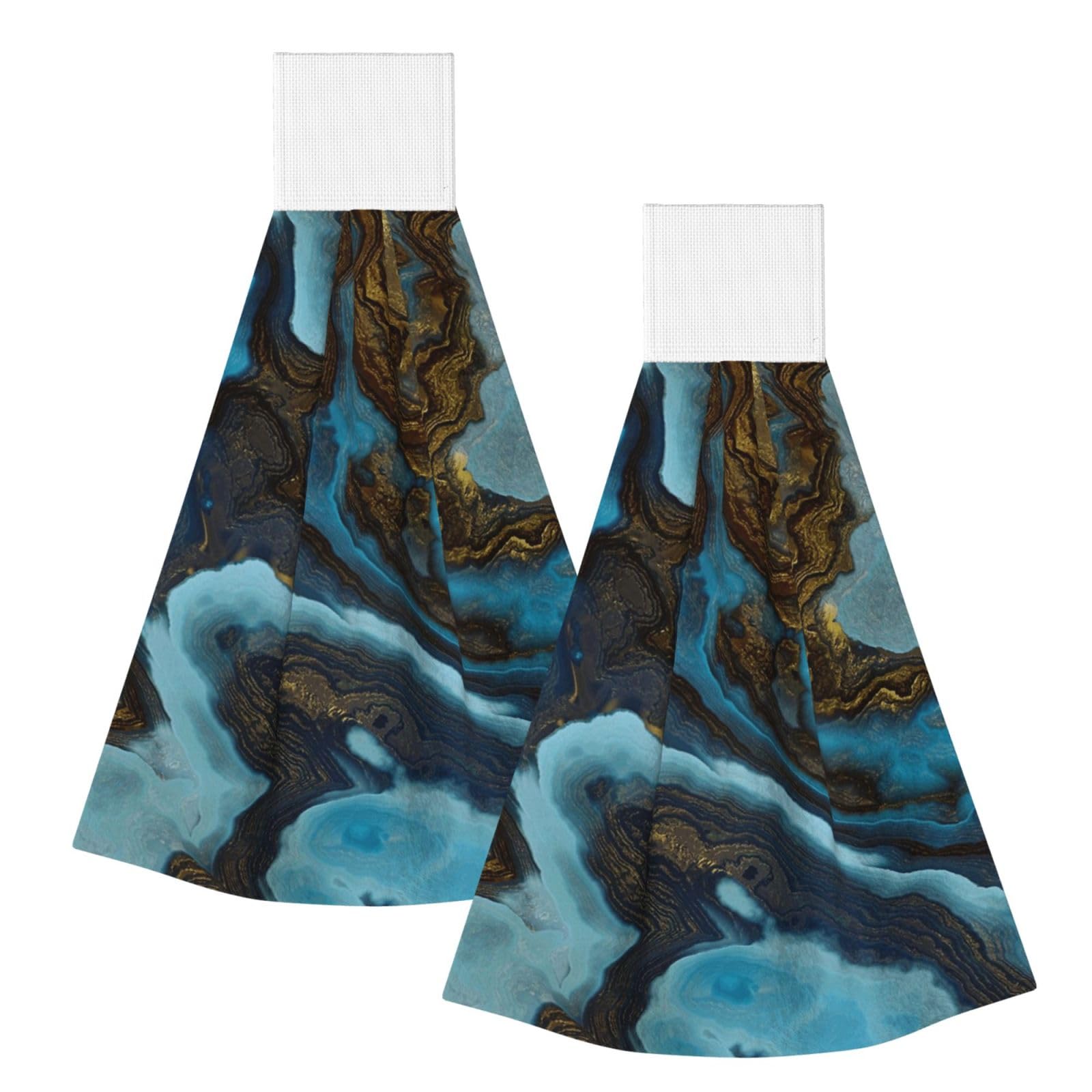 DOPKLNA Abstract Liquid Marble Blue Golden, 2 Pcs Hanging Coral Fiber Hand Towels for Bathroom, Absorbent Kitchen Towels