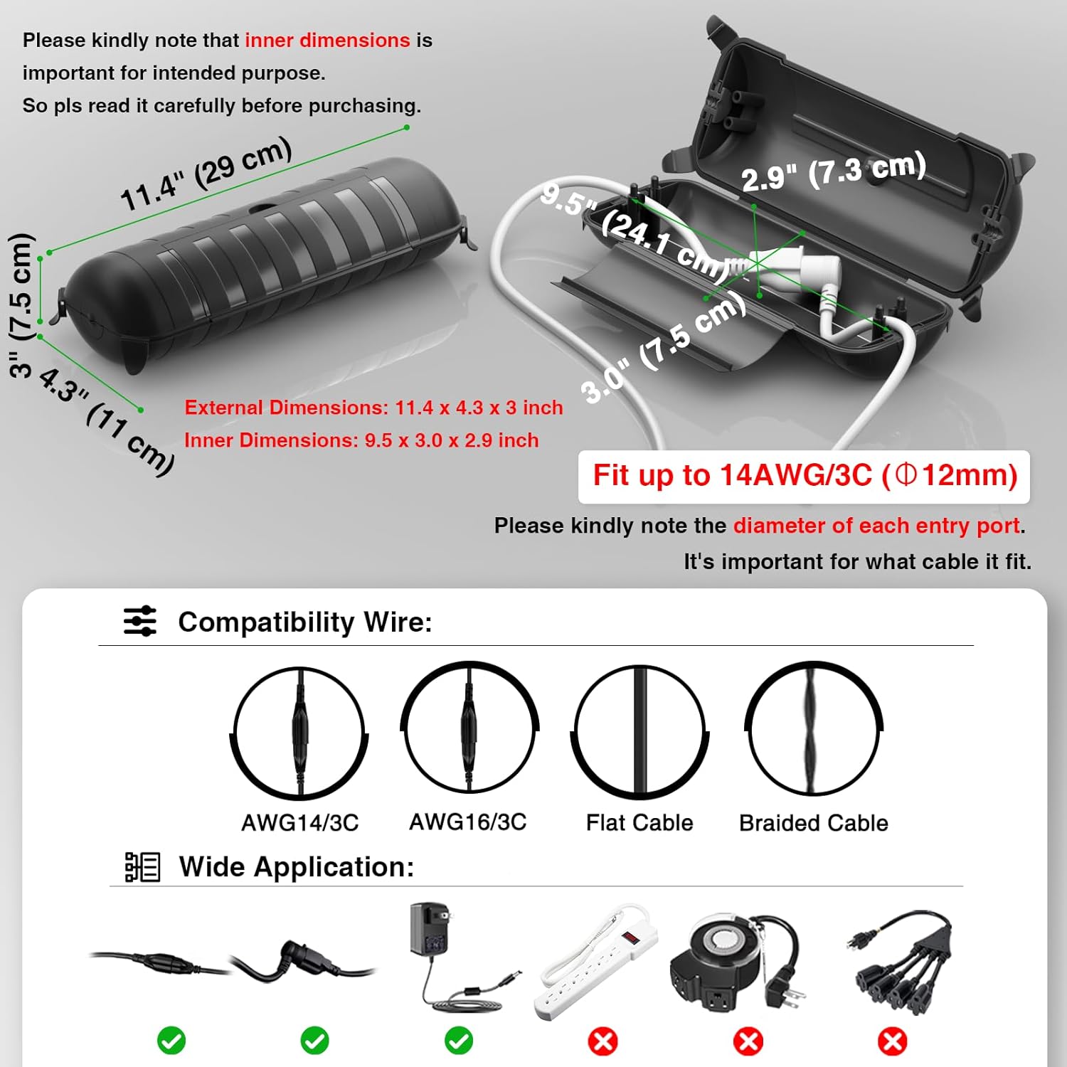 Flemoon 2-Piece Outdoor Waterproof Electrical Box Set – 12.5" x 8.5" x 5" Large Electrical Box & 11.3" x 4.3" x 3" Extension Cord Cover for Power Strip, Outlet, Holiday Light, Black