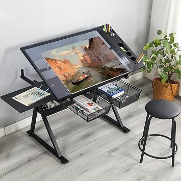 Adjustable Drafting Table for Artists - Drawing Table with Storage for Artwork - Glass Art Desk with Drawers for Artists Painters Illustrators Cartoonists