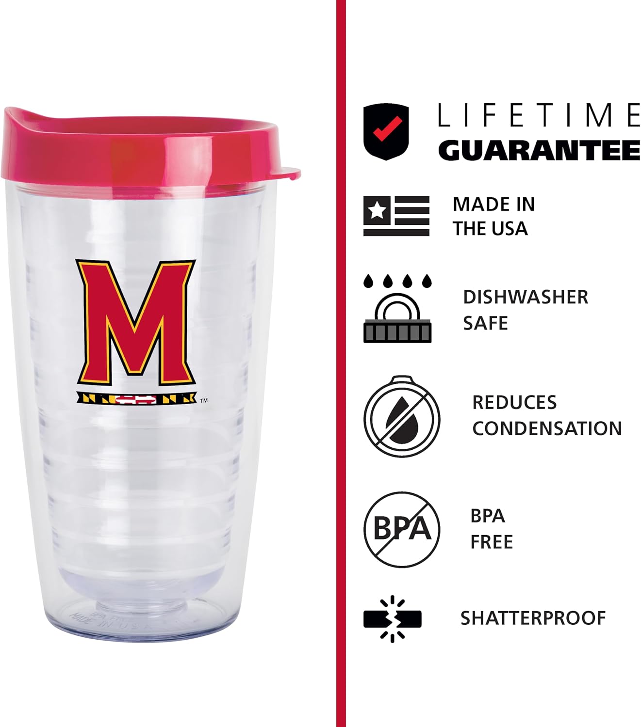Logo Brands NCAA Maryland Terrapins 16 oz Double Wall Clear Tumbler – Team Color Slider Lid | Fits Most Cup Holders |Made In The USA | Spill-Resistant Lid | BPA Free