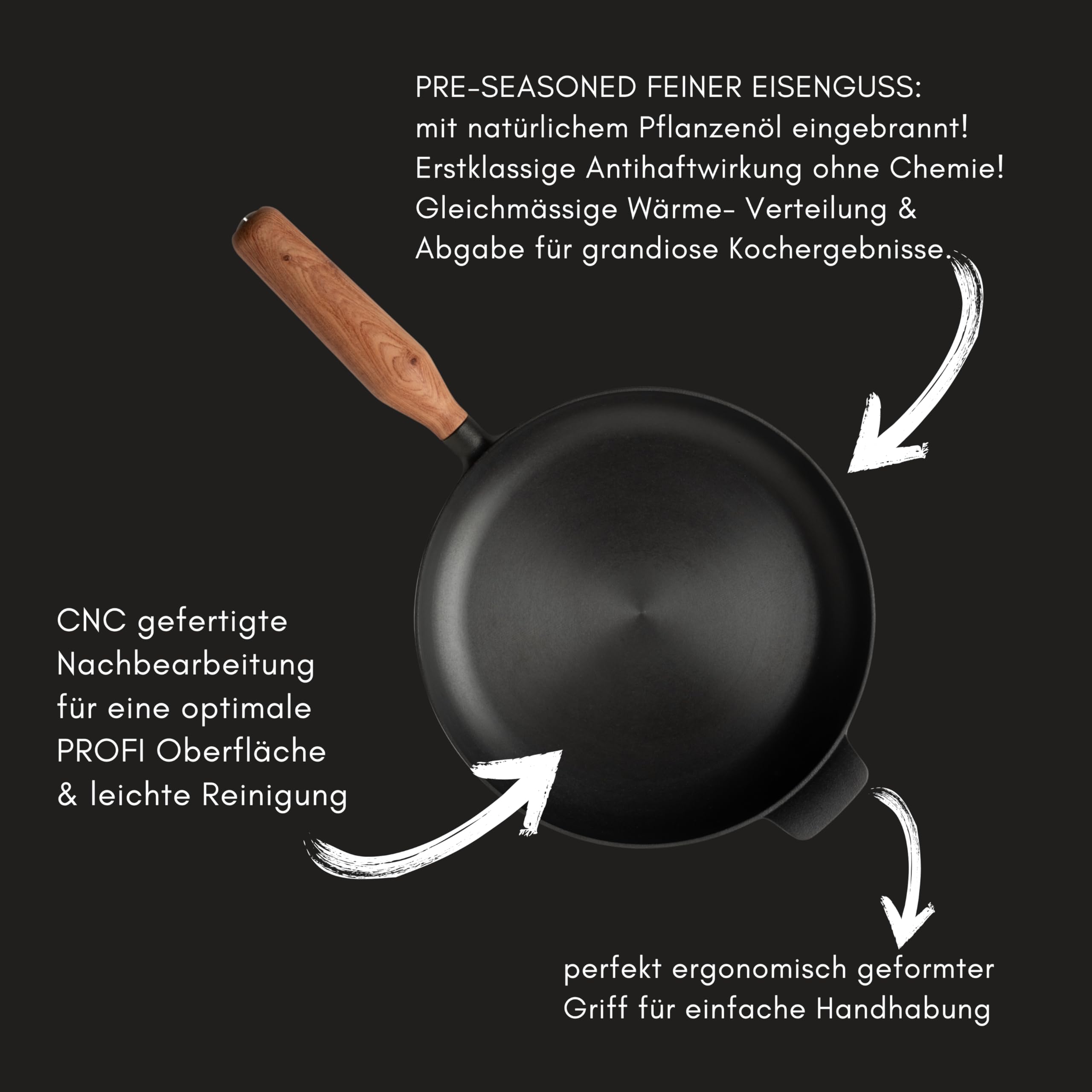 JAXX ROADHOUSE DIE BRATPFANNE - ausgezeichnete Premium Pfanne Gusseisen, Gusseisenpfanne Induktion, 26cm, Handgefertigter Holzgriff, ALLE Herdarten, Voreingebrannt (Walnussholz)