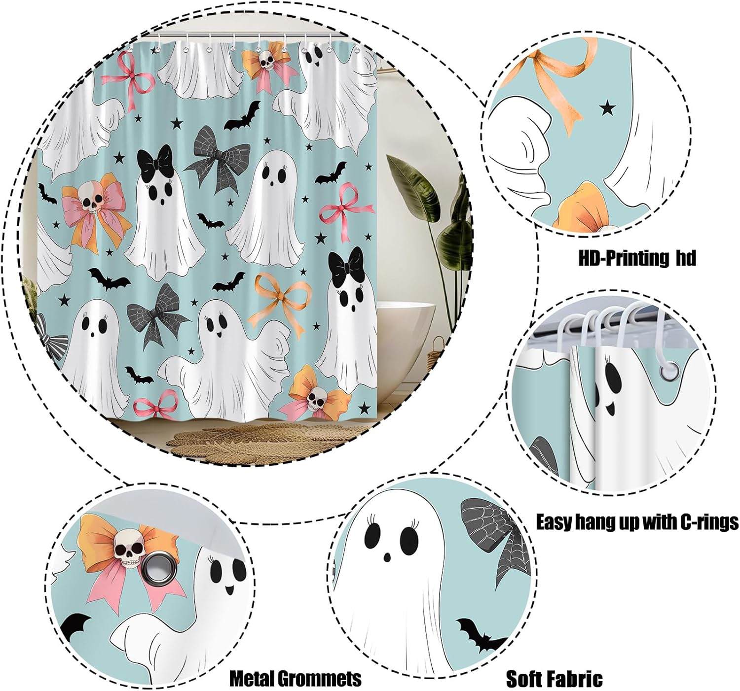 Halloween Cute Ghost Shower Curtain Bowknot Bat Cartoon Spooky Skeleton Star Bows Gothic Funny Scary Festival,Teal 70" Wx78 H Fabric Bathroom Decor Curtain with Hooks