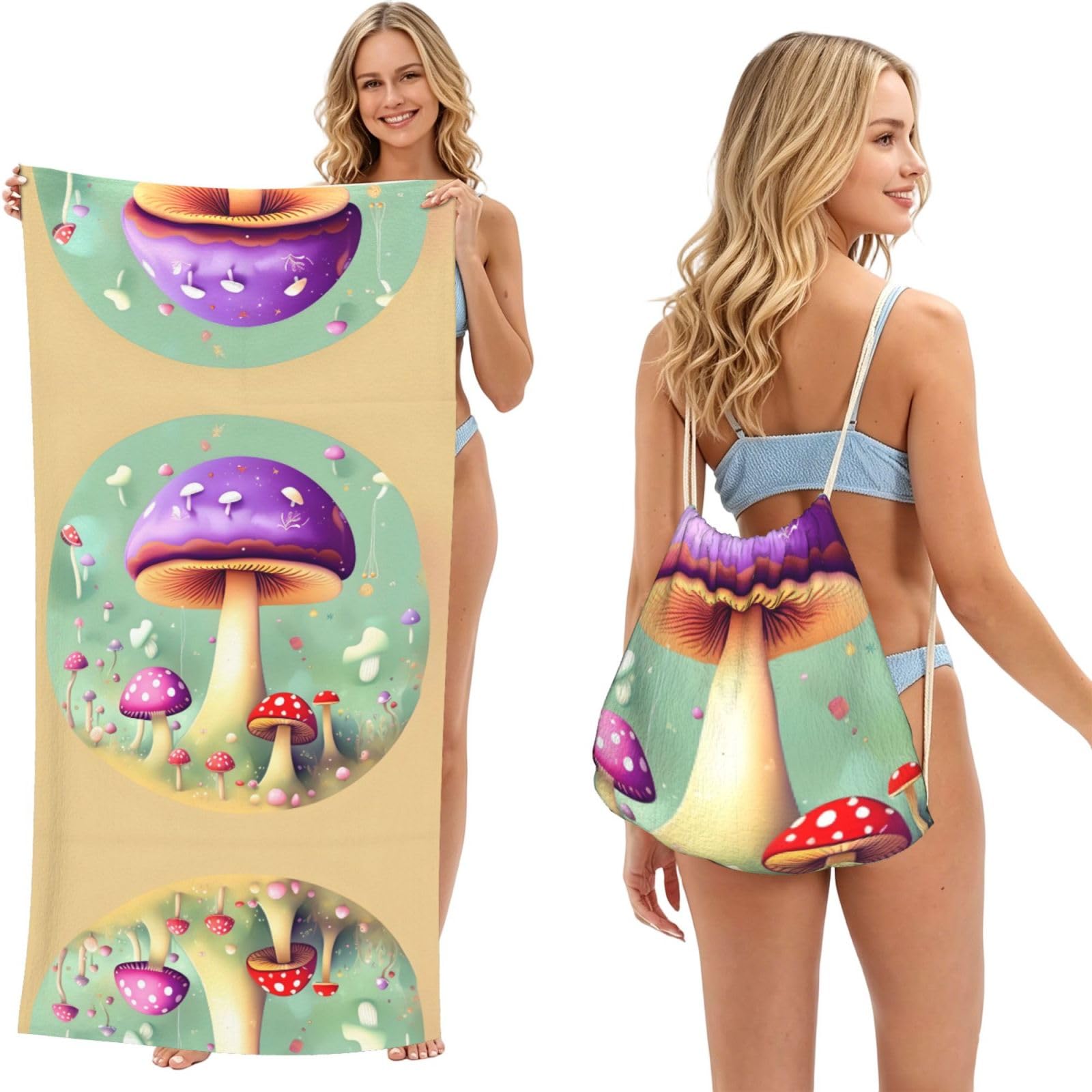 SXZVVBN Purple Dream Mushroom 2-in-1 Beach Towel Bag, Quick Dry Sand Free Travel Towel Backpack for Adults