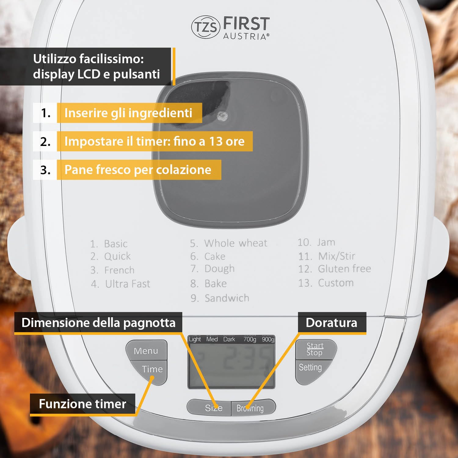 TZS First Austria Macchina per il pane con 13 programmi | 700-900 g di impasto | Timer, funzione di mantenimento in caldo | 550 W di potenza | Accessori inclusi