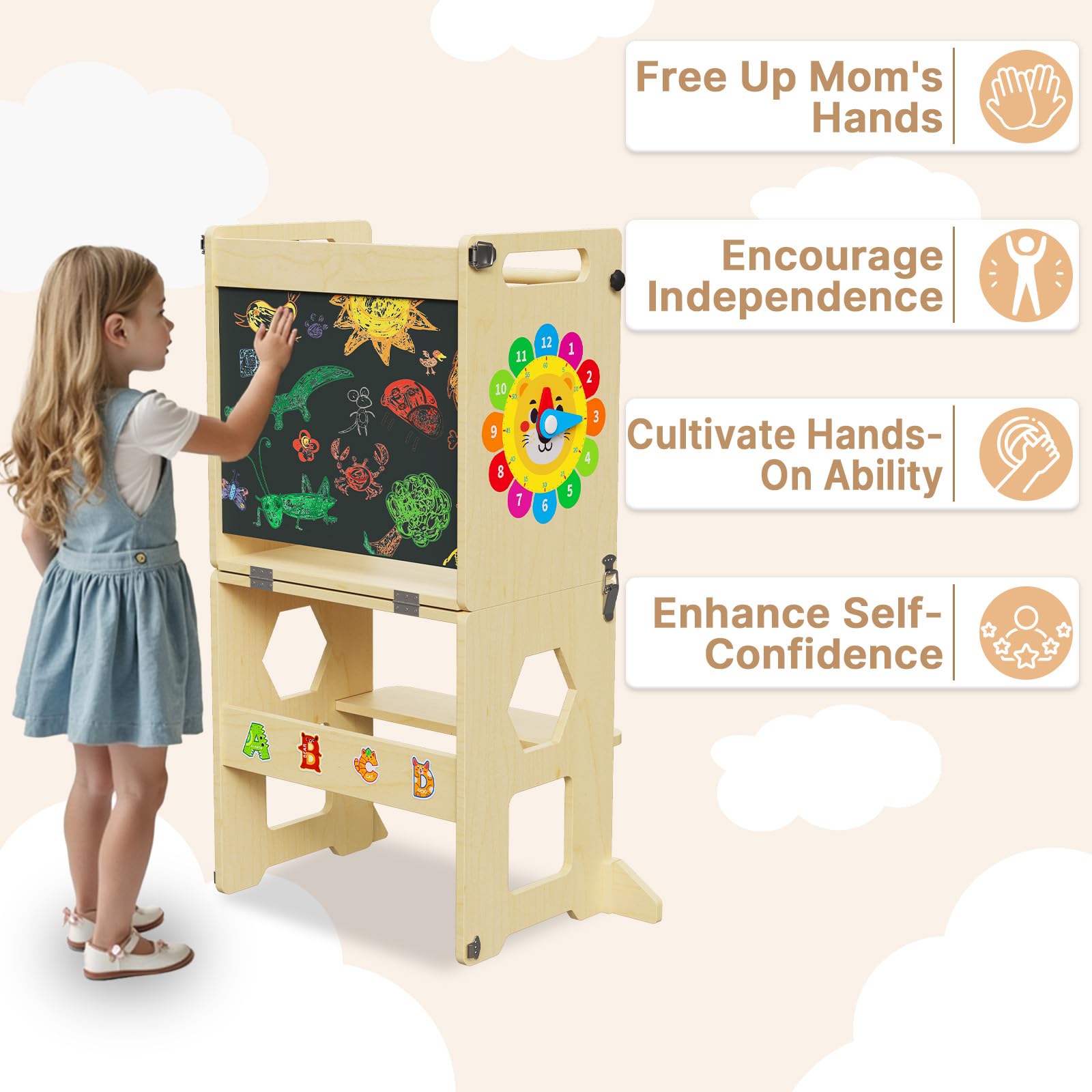 Lernturm ab 1 Jahr | 4-in-1 Lernturm Klappbar für Kinder |Learning Tower mit Tafel und Lernuhr aus Holz | Küchenhocker für Kleinkinder | Aus Nachhaltigem Holz | Stabiler Montessori