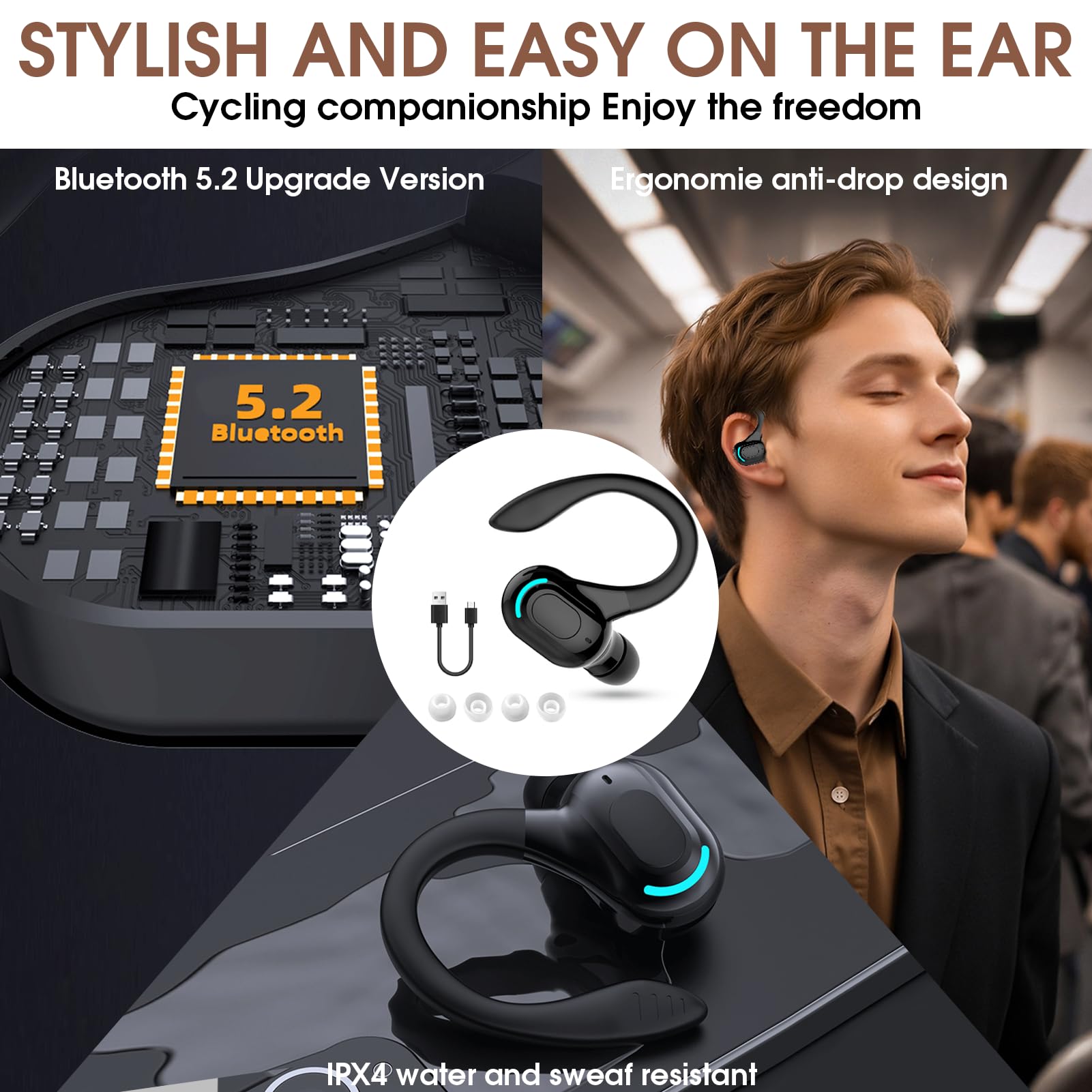 V5.2 Auricolare Mono Bluetooth Senza Fili, Microfono Integrato, IPX4 Auricolari Senza Fili Impermeabili, Bluetooth A Mano Libera 20H di Riproduzione, Auricolari con Anello per iPhone Android
