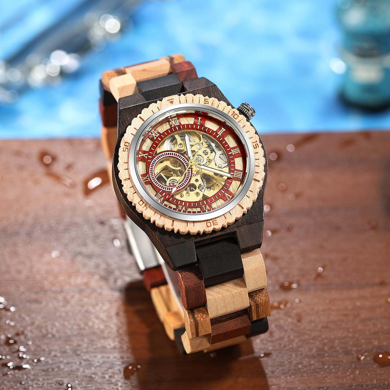 Tiong Orologio sportivo meccanico in legno, quadrante digitale cavo, cinturino in legno con lancette luminose, orologio meccanico da uomo