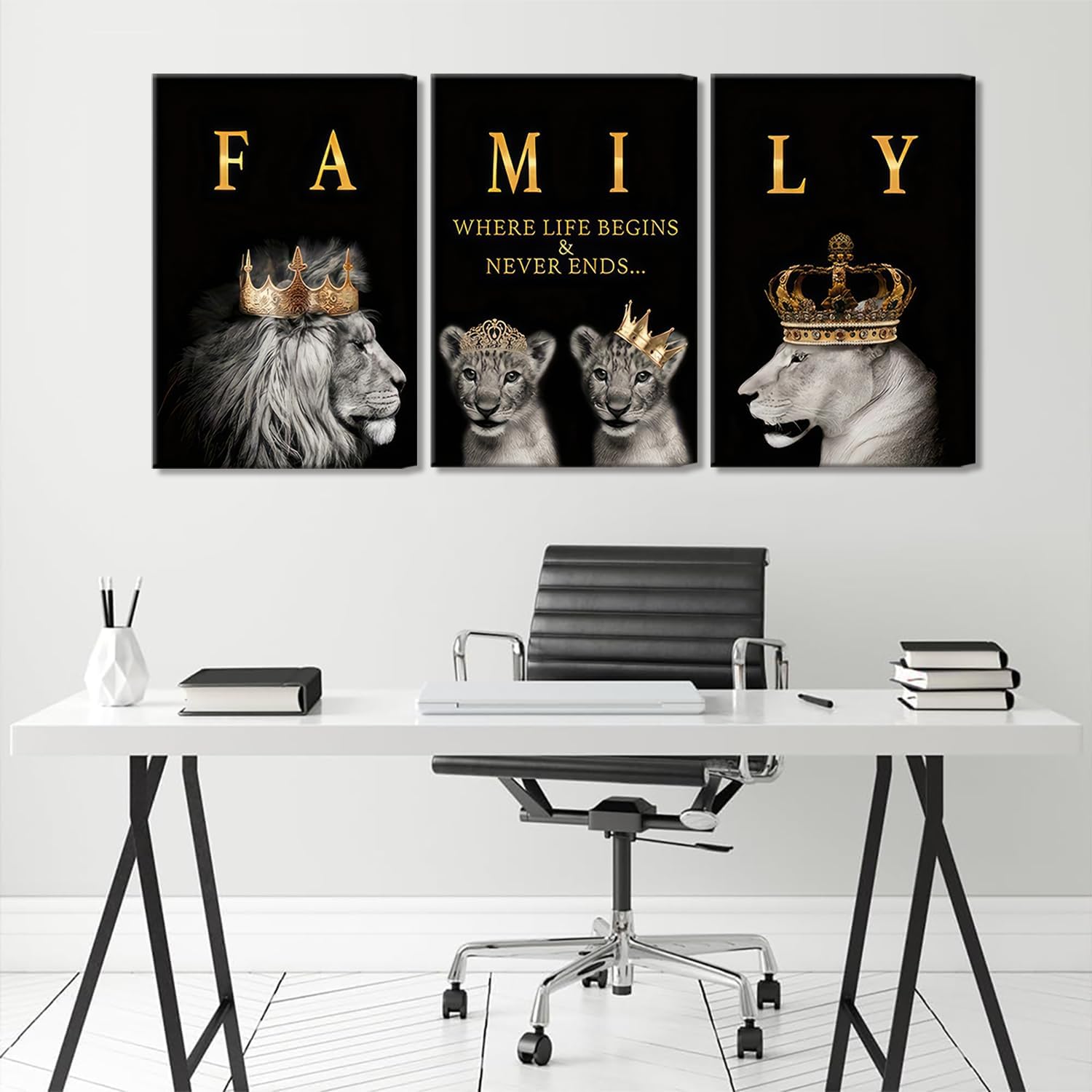 3Pcs Framed Lion Family Canvas Wall Art The Lion King and Queen with Gold Crown Poster Modern Motivational Black and White Animal Wall Decor Painting for Home Bedroom Living Room Office decoration