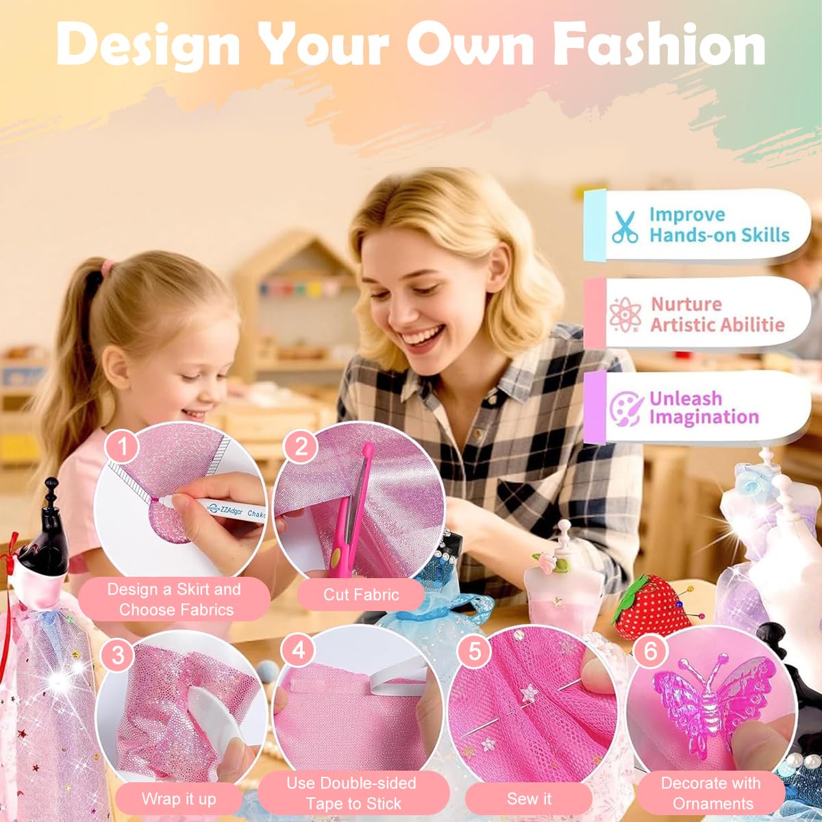 PATPAT® DIY Kids Sewing Kit Doll Set for Girls for Doll Clothes Includes Mini Mannequins, Assorted Charms, Craft Tools & Accessories, Hand Stitch Clothes Making Play Craft Kit for Girls 8-12 2
