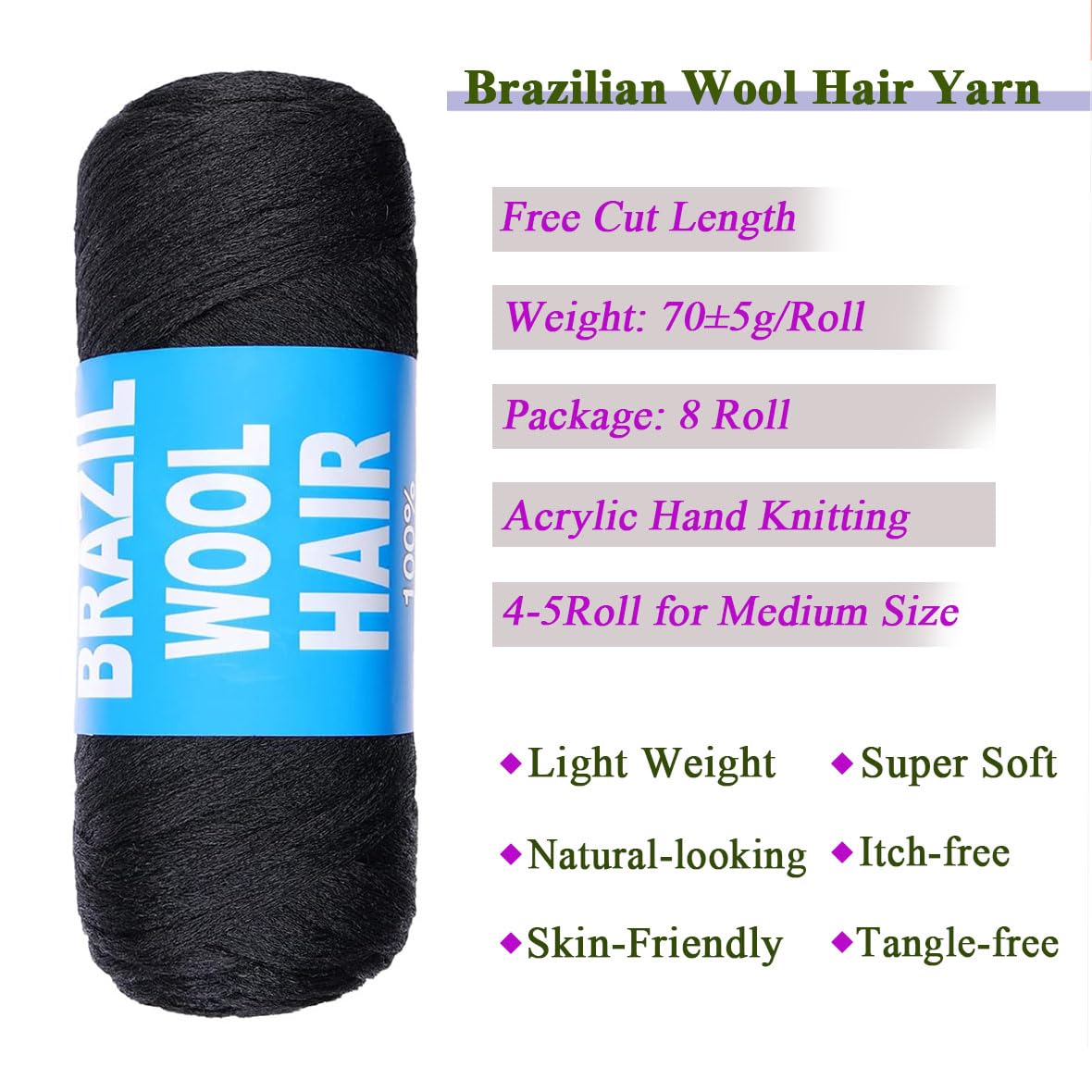 Kachanaa 8 Roll Natural Black Brazilian Wool Hair Yarn for Jumbo Braids Acrylic Hand Knitting Roll for Soft Faux Locs Goddess Locs Hair Extension Senegalese Twist Crochet Hair for Women 1B# - Image 3