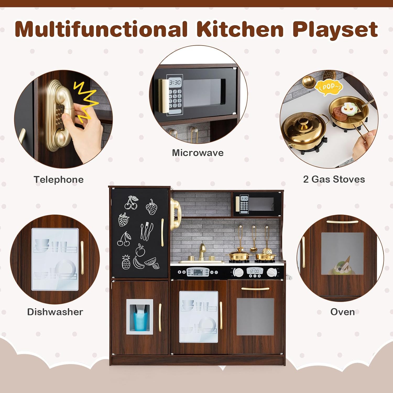 KOTEK Play Kitchen for Kids, Wooden Chef Pretend Toy Kitchen Set w/Oven, Chalkboard, Telephone, Ice Maker, Microwave, Dishwasher, Realistic Kids Kitchen Playset, Gift for Boys Girls 3+ (Brown)