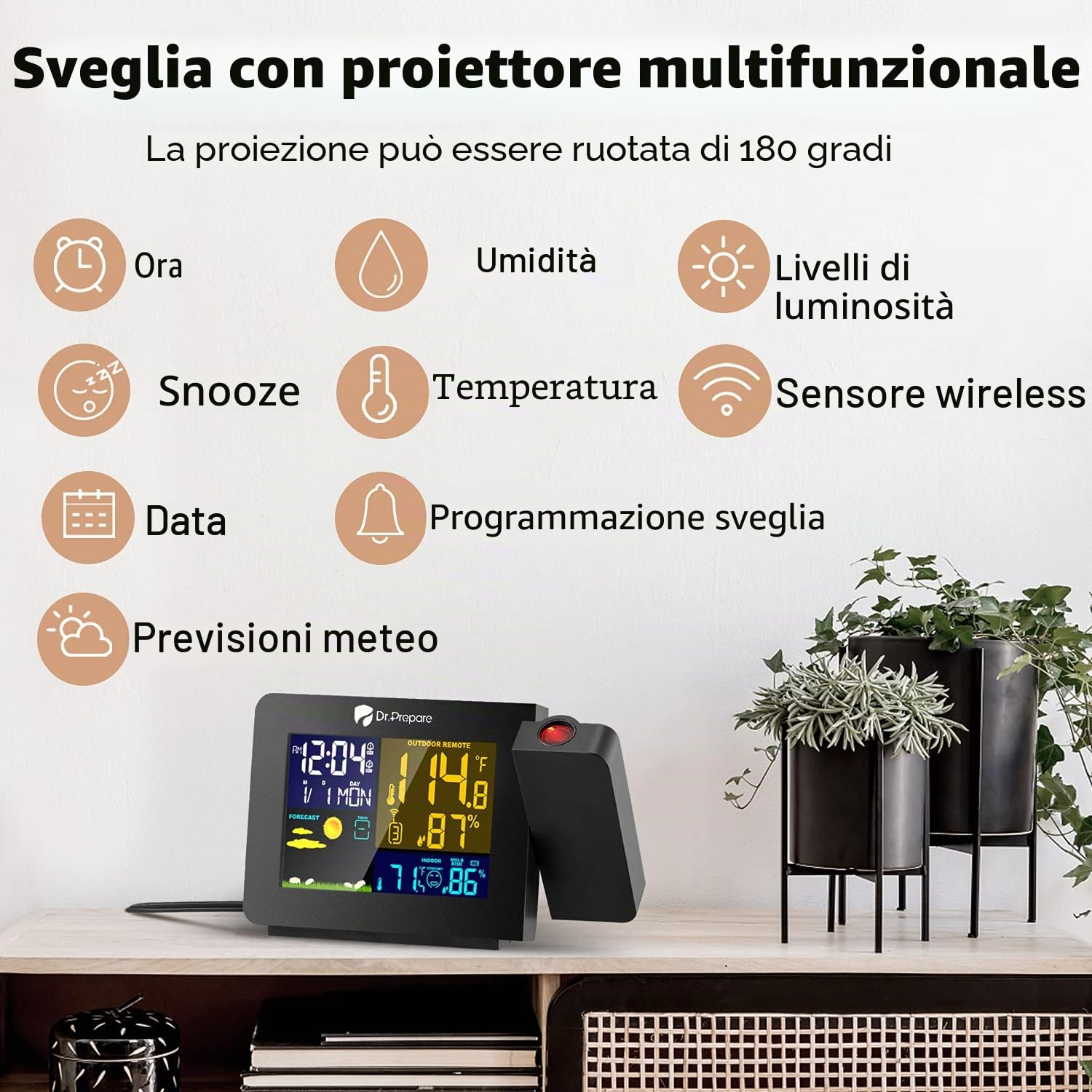 DR.PREPARE Sveglia Proiezione Soffitto con Stazione Meteo Sensore Temperatura Umidità Interna e Esterna Funzione Doppia Sveglia